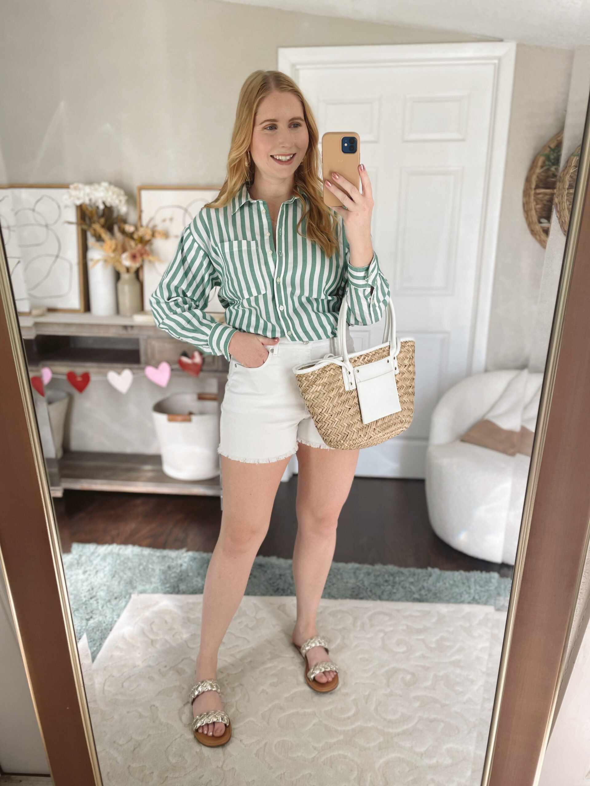 Green Striped Button Down, white denim shorts, metallic sandals | 10 Best Cruise Outfits ideas in 2023 - 10 Cruise Outfit Ideas for Women - 10 Day Caribbean Cruise Mid Size Outfit Ideas
