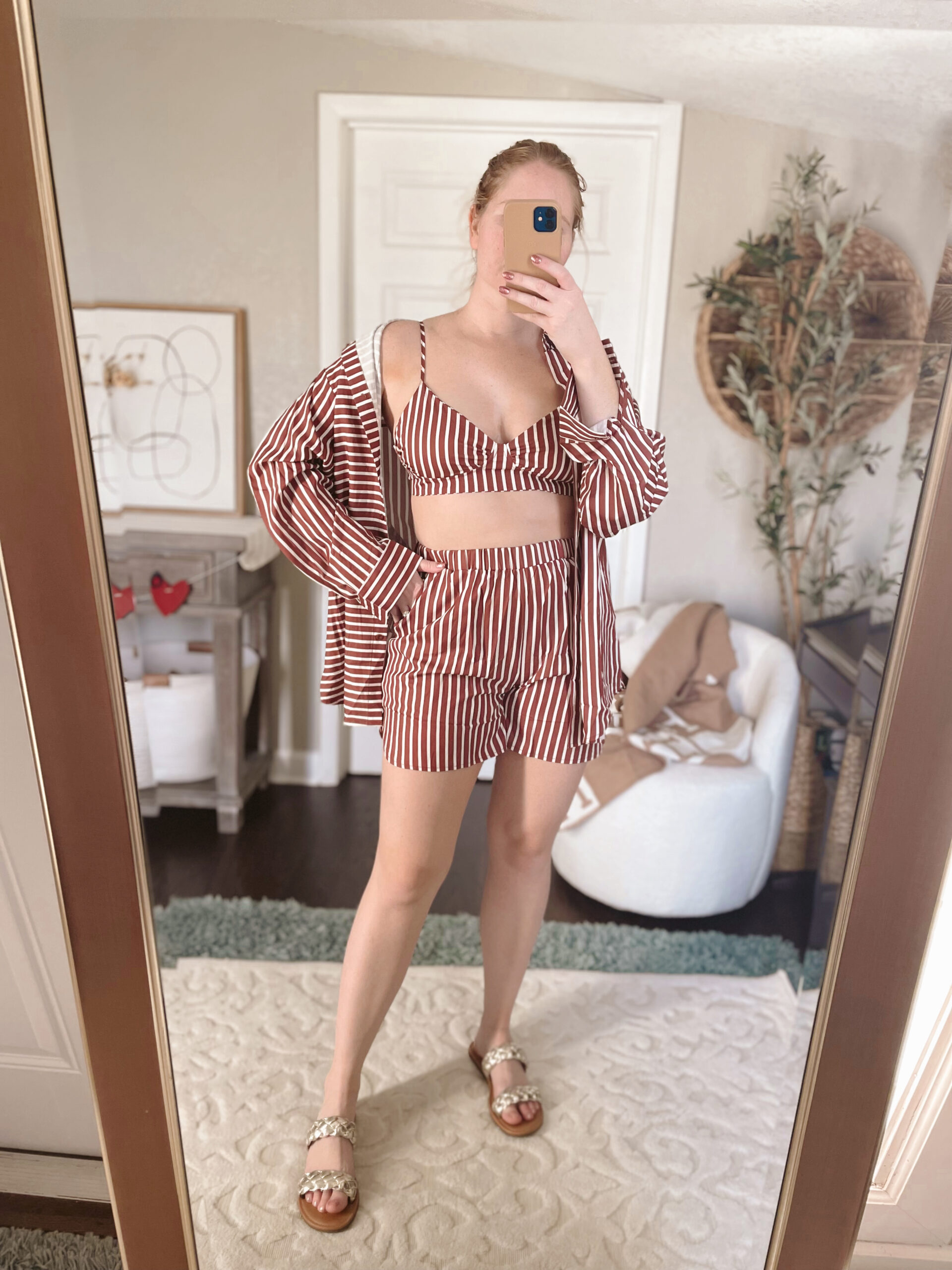 Women's Casual 3 Piece Outfit Set Stripe Long Sleeve Shirt Bra Top Loose Shorts Tracksuit DD941