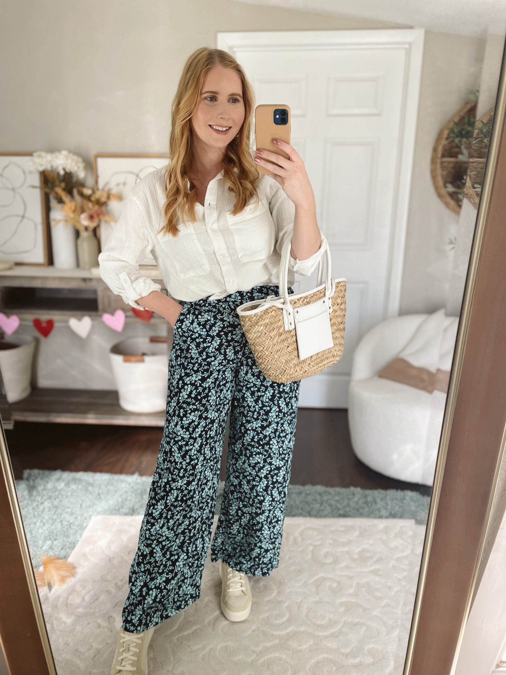 Fluid Wide Leg Pants in Floral, White Button Down | 10 Best Cruise Outfits ideas in 2023 - 10 Cruise Outfit Ideas for Women - 10 Day Caribbean Cruise Mid Size Outfit Ideas 