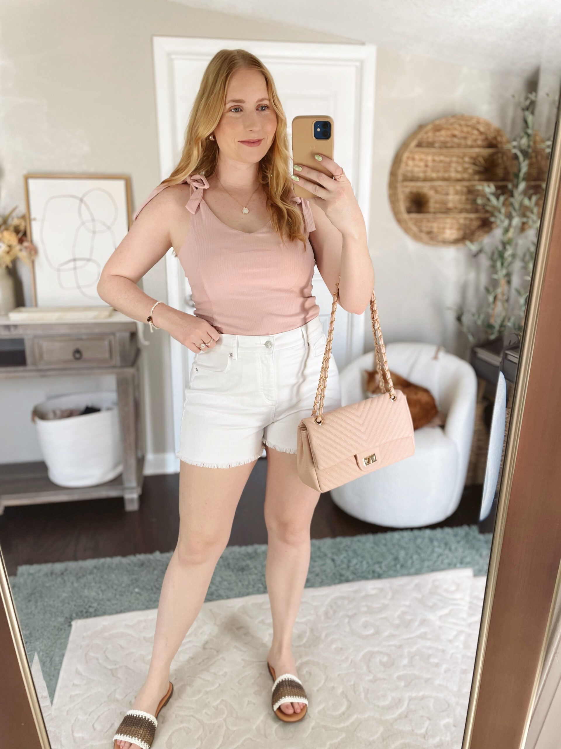 Pink Tie Strap Bodysuit, Curvy Frayed Denim Cut Off Shorts in White