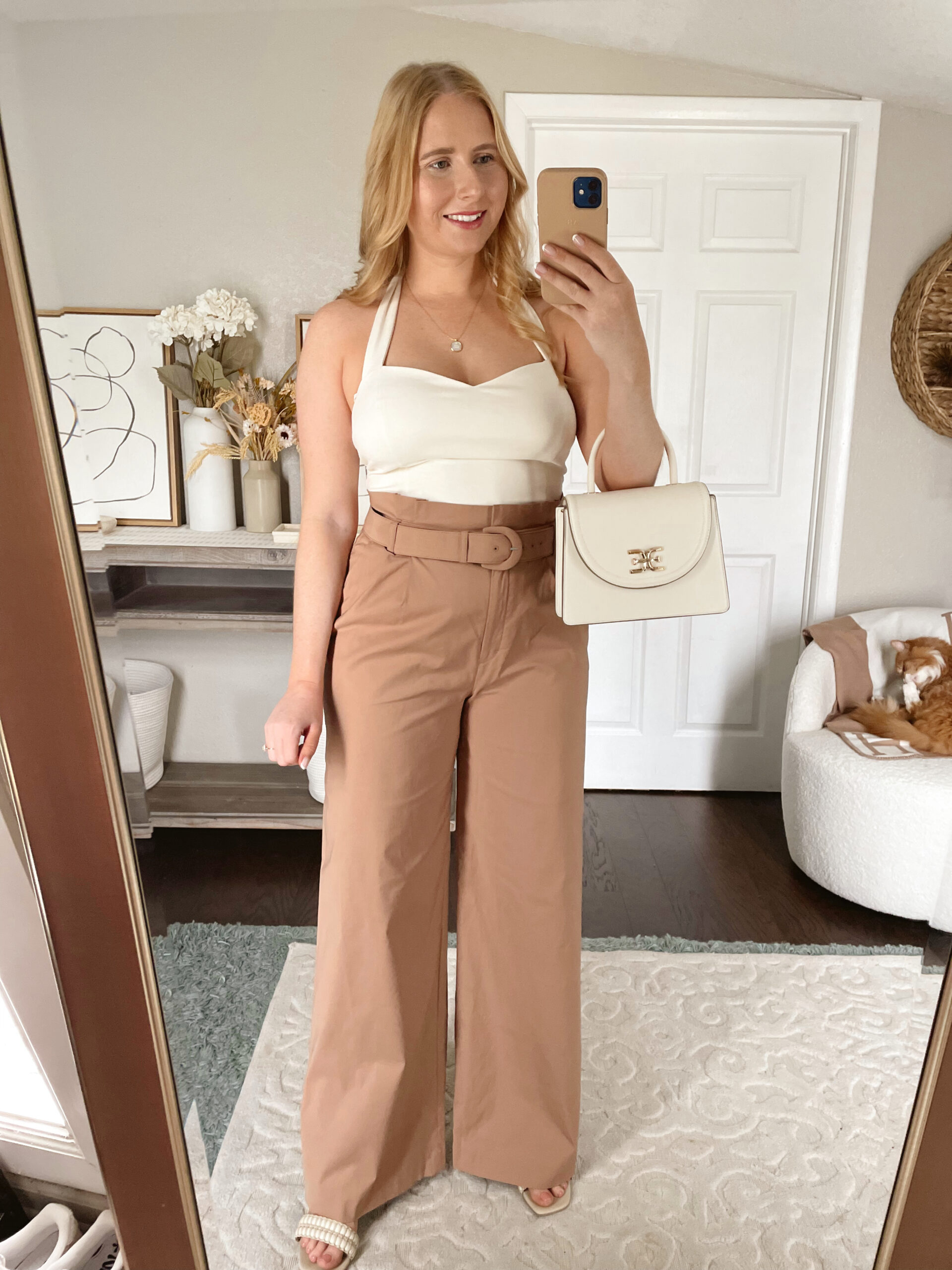White halter top, neutral super high waisted belted paper bag pants