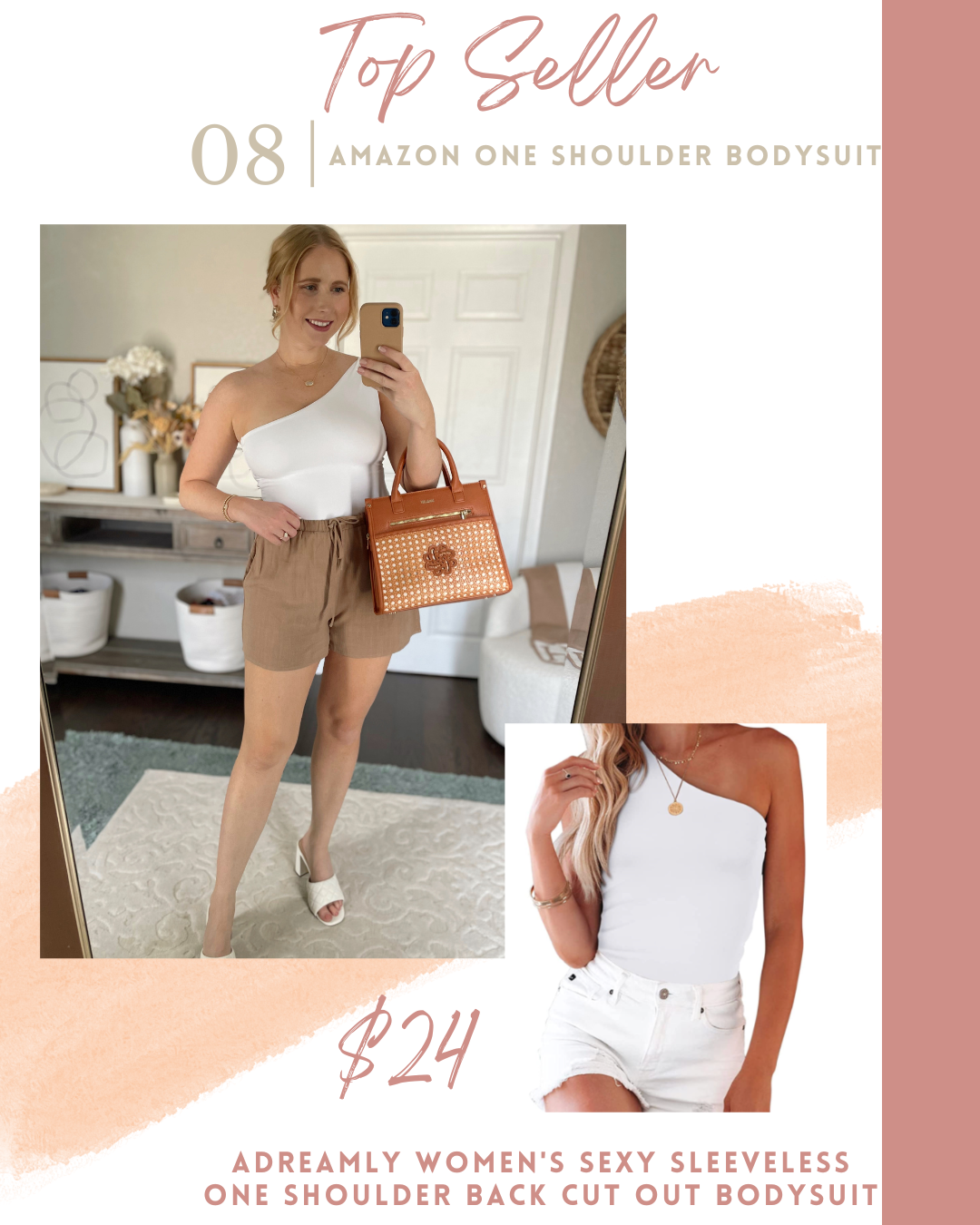 White bodysuit, brown drawstring pull on shorts, white quilted block heels summer outfit idea