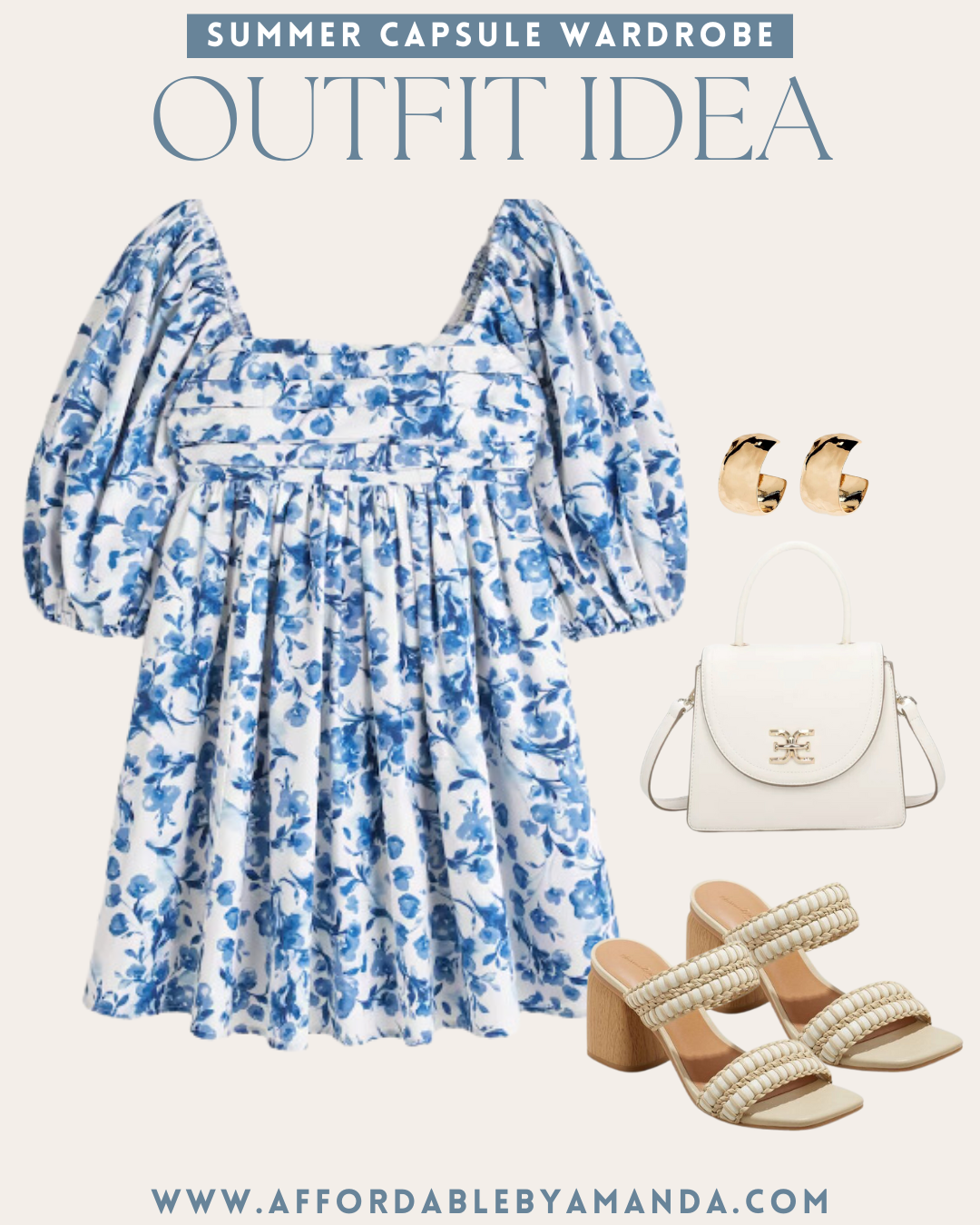 Blue floral mini dress, neutral block heels, white satchel purse