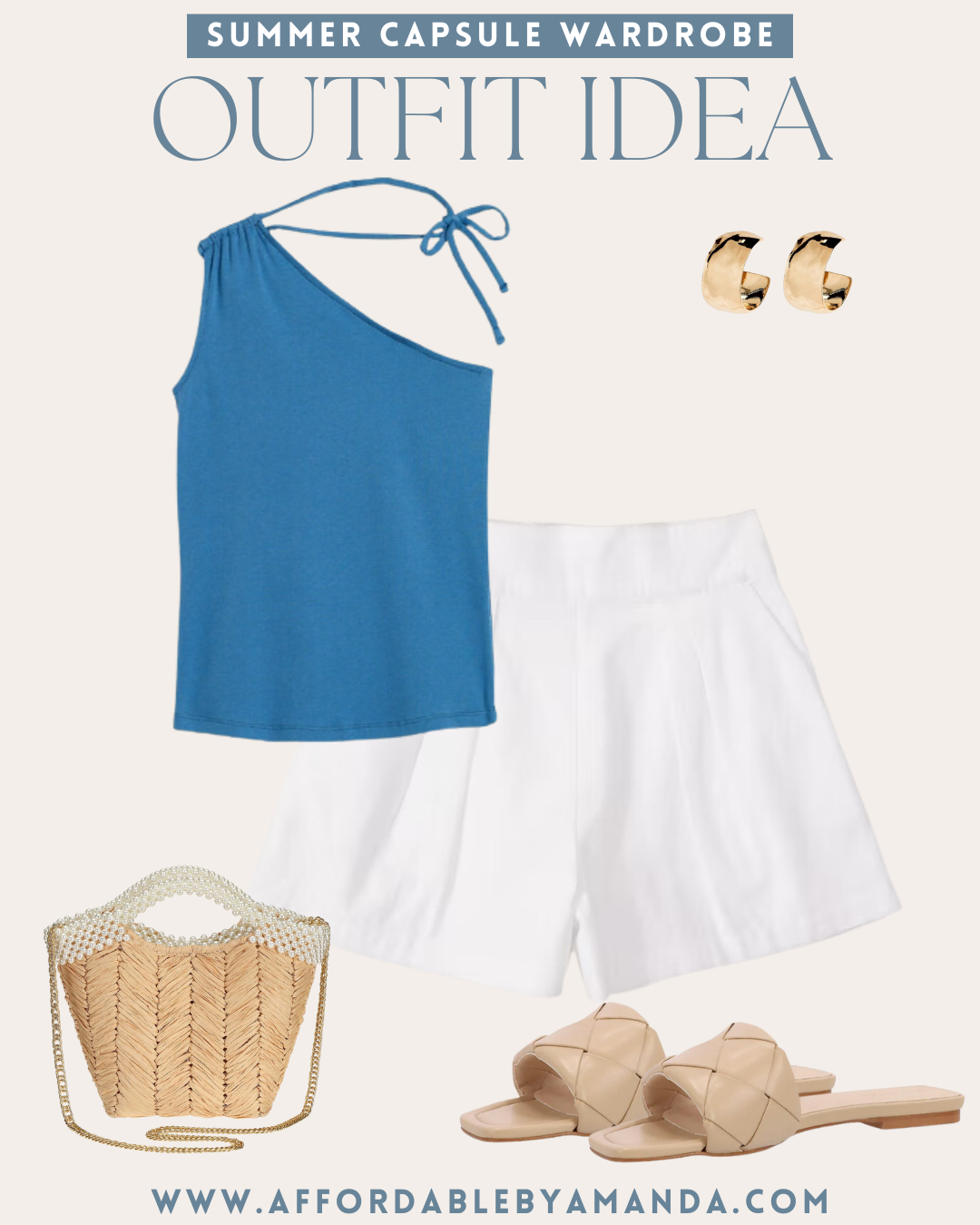 Blue on shoulder top, white linen tailored shorts, quilted sandals, straw pearl bag