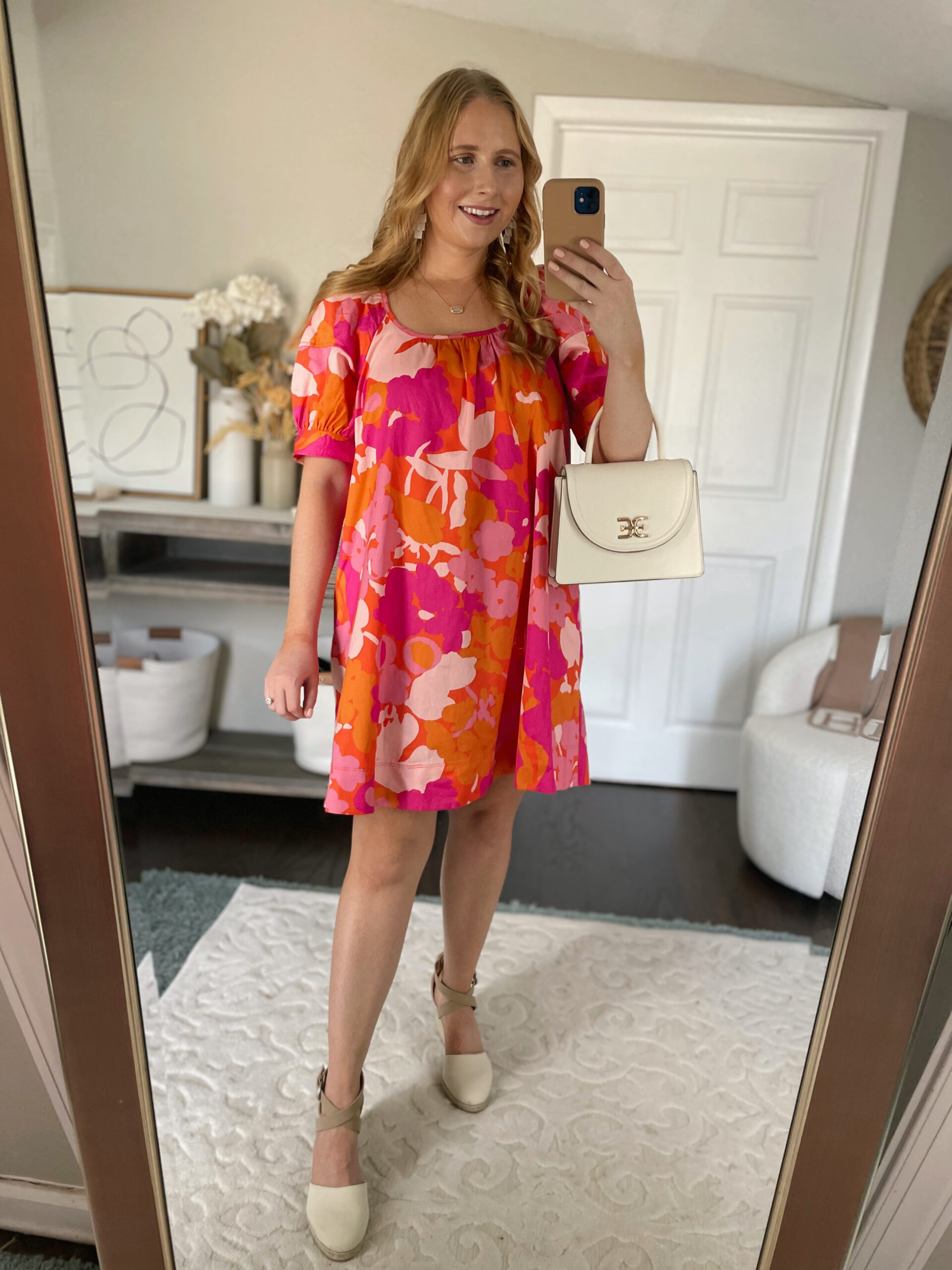 Free Assembly Women’s Square Neck Mini Dress with Puff Sleeves | Affordable by Amanda styles an orange and pink mini dress from Walmart | cute summer dresses 2023