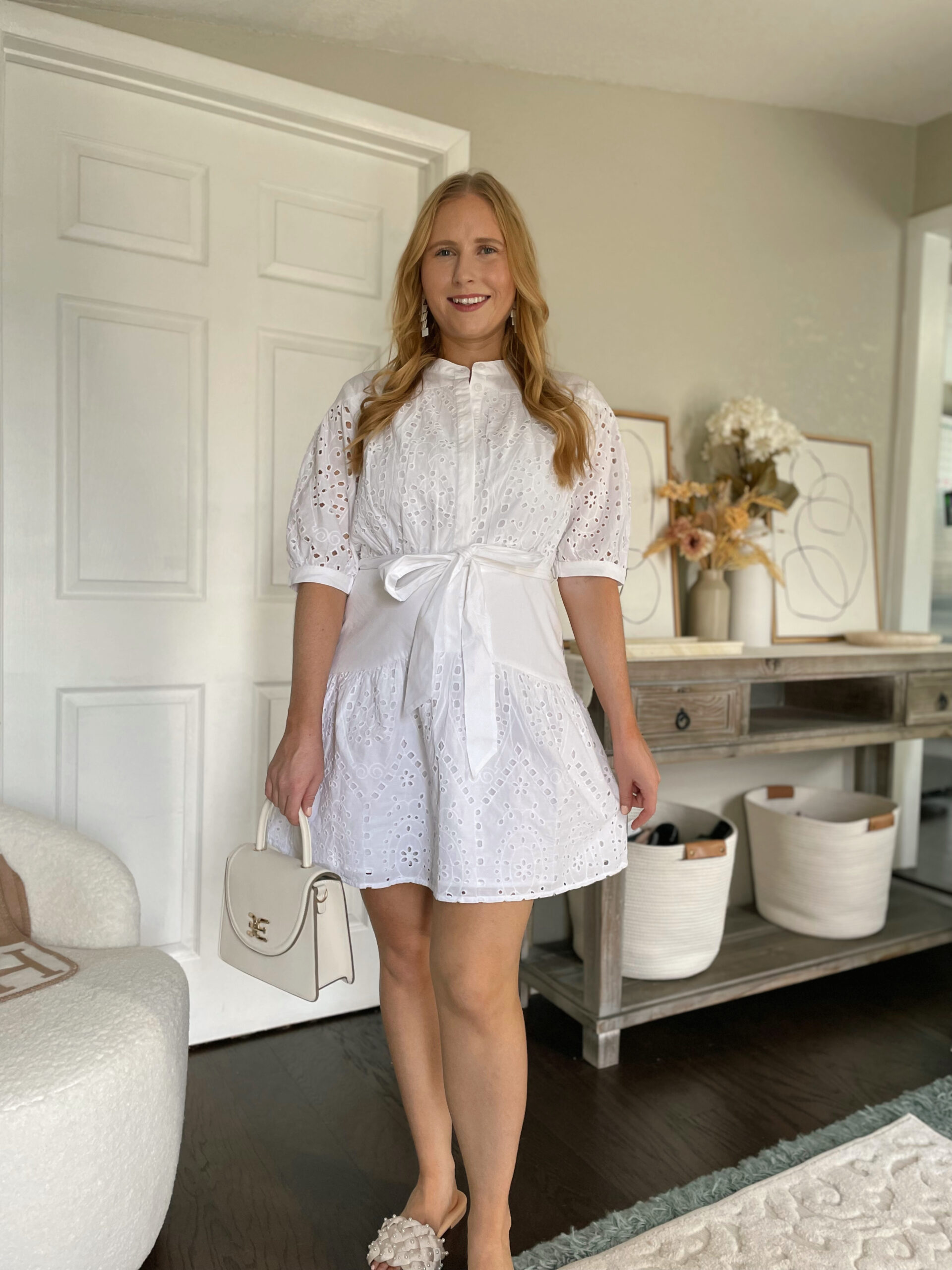 Scoop Women's Eyelet Short Shirt Dress with Volume Sleeves | Affordable by Amanda shares cute summer dresses for summer under $100 | White eyelet shirt dress from Walmart 