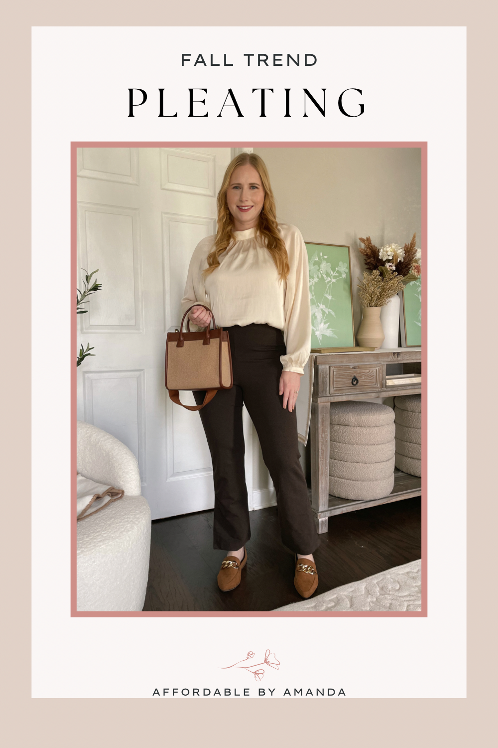 Satin Blouse, brown ponte pants, brown chain loafers fall outfit idea