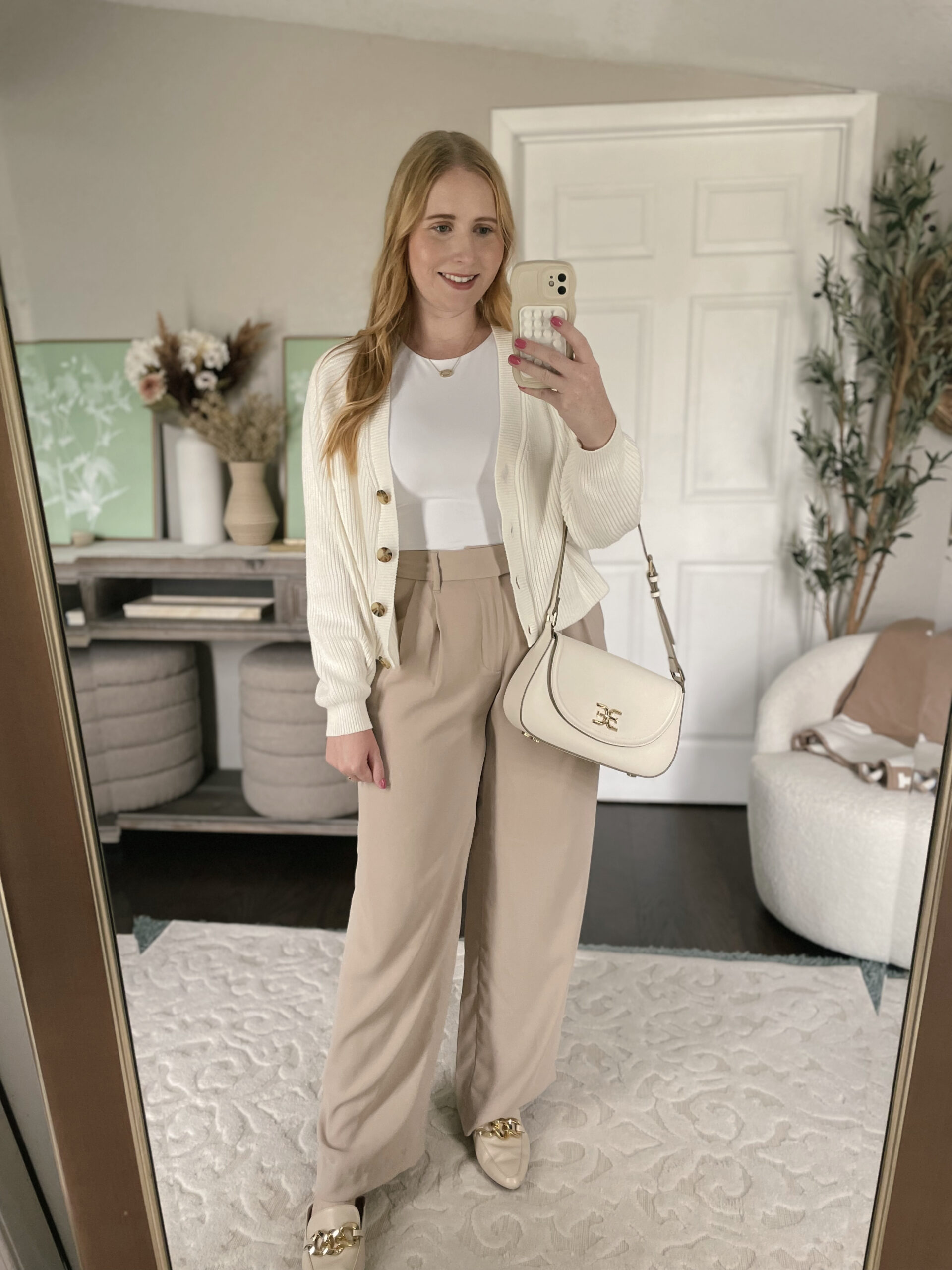 Teacher Outfit Idea 2023 - White ribbed cardigan, white bodysuit, neutral beige trousers