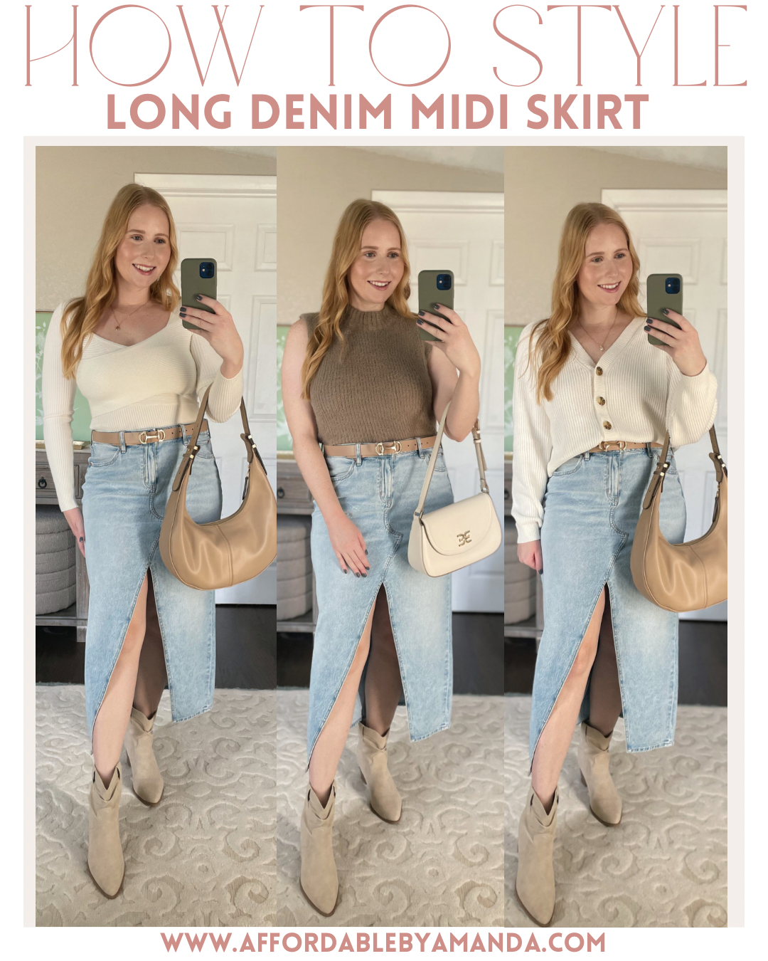 Affordable by Amanda shares how she styles a long denim midi skirt for the fall | How to Style a Denim Midi Skirt in 2023