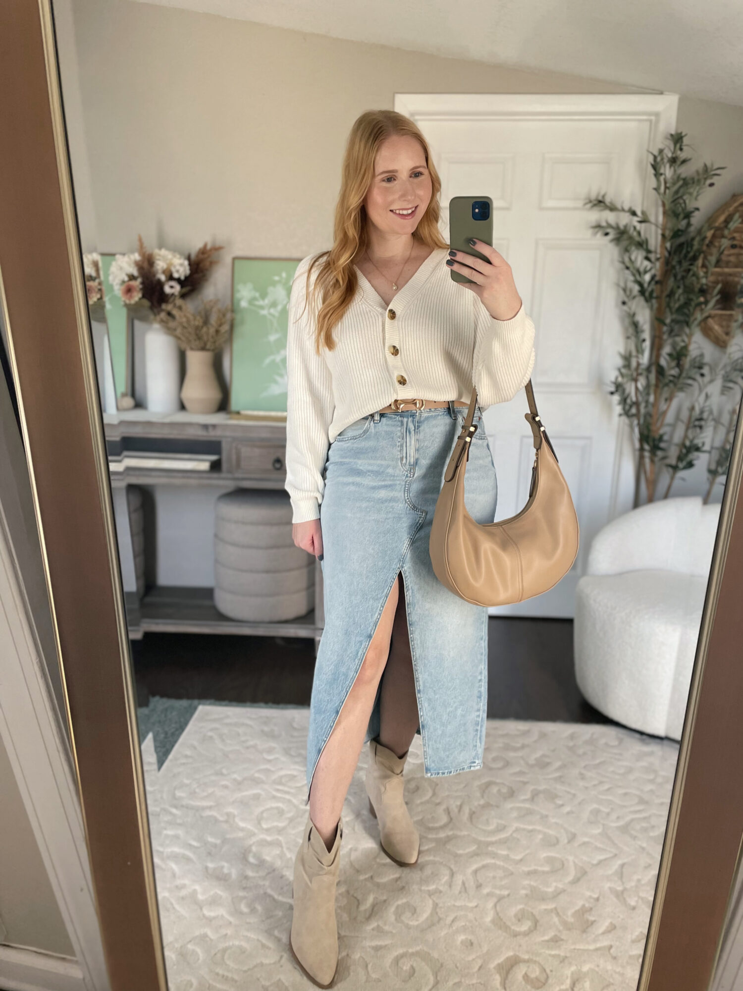 How to Style a Denim Midi Skirt - Affordable by Amanda