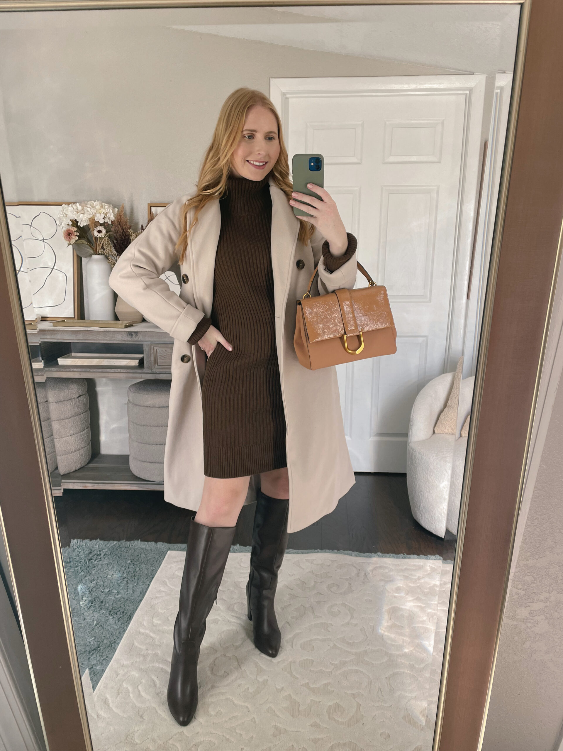 What to wear for Thanksgiving, a brown rib knit sweater dress with a grey wool blend coat