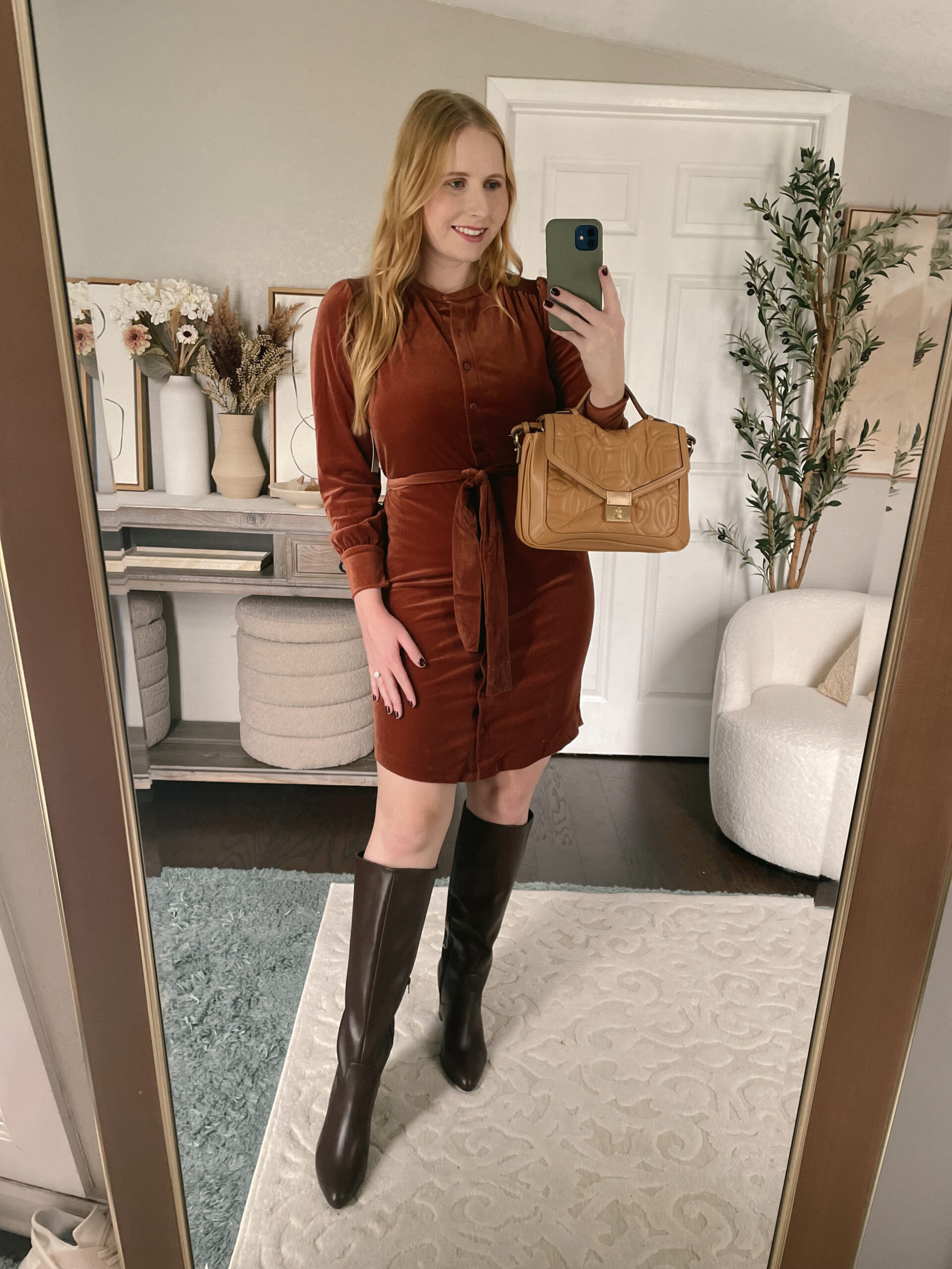 Time and Tru Women's Belted Velvet Dress with Long Sleeves
