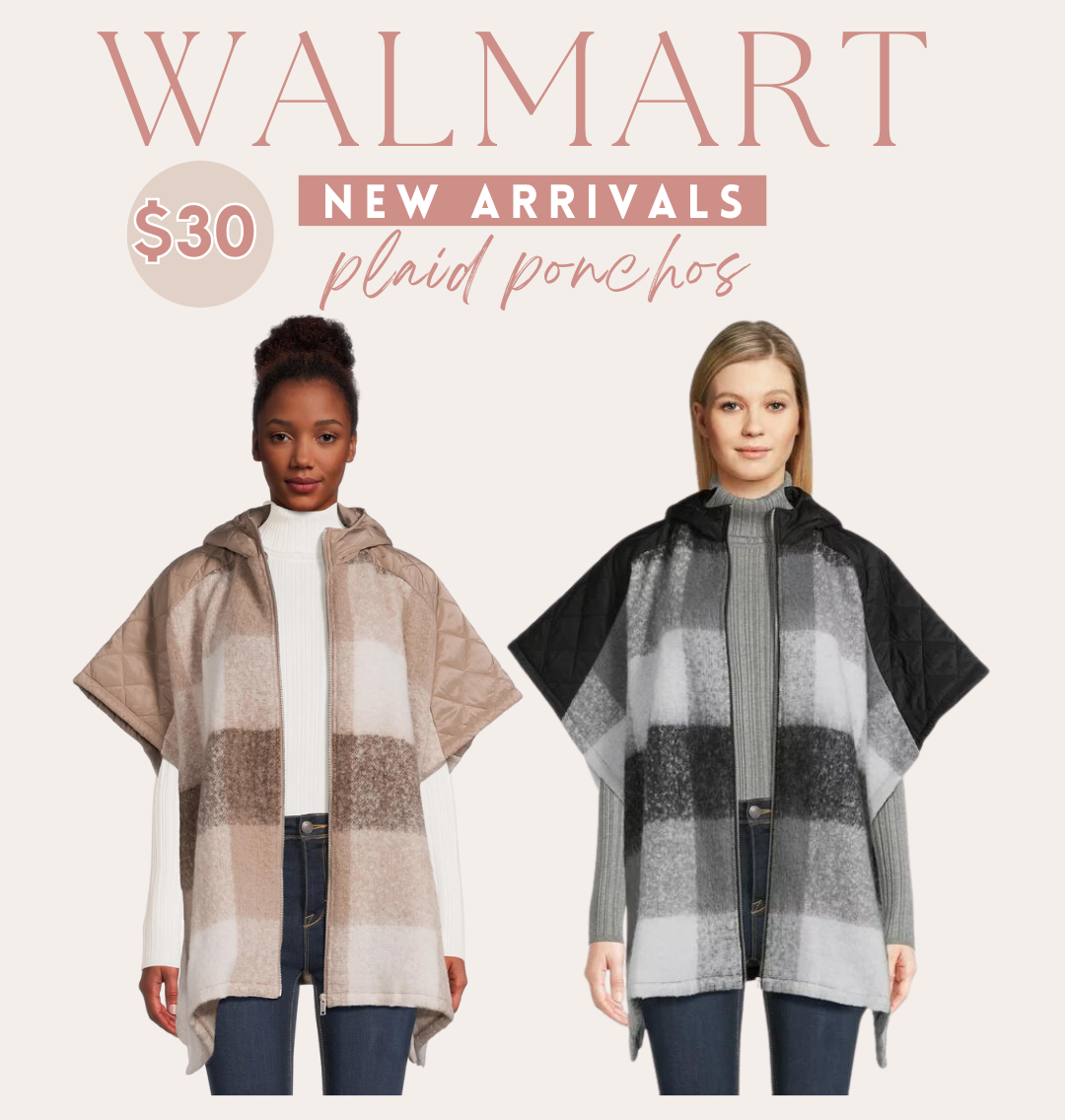 Time and Tru Women’s Plaid Zip Poncho with Hood
