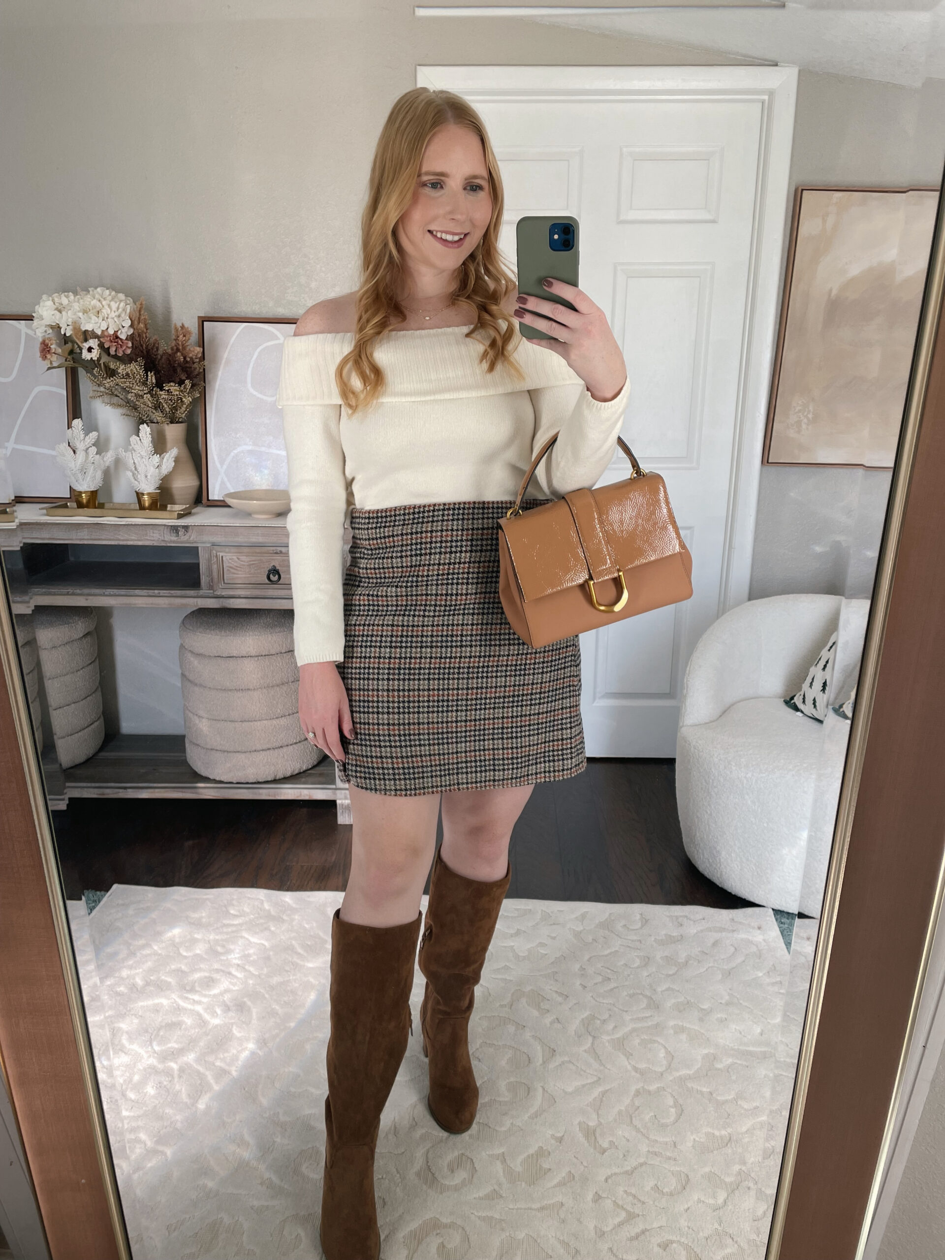 SoSoft Off-the-Shoulder Sweater for Women with Plaid Mini Skirt | 10 Thanksgiving Outfit Ideas 2023 - Affordable Thanksgiving Outfit Ideas -10 Cute Thanksgiving Outfits to Wear in 2023