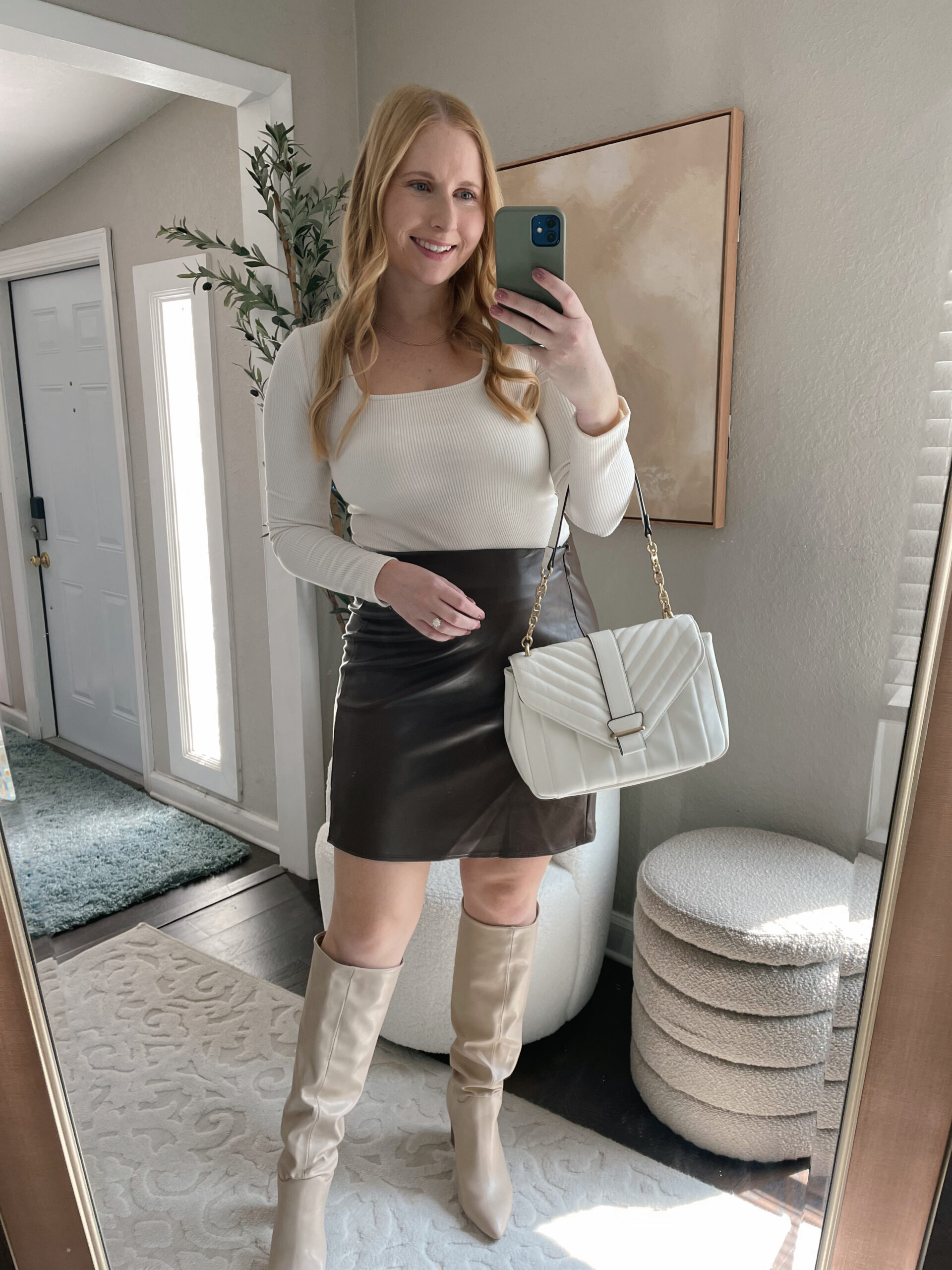 Women's Slim Fit Bodysuit - A New Day with a Brown Faux Leather Mini Skirt