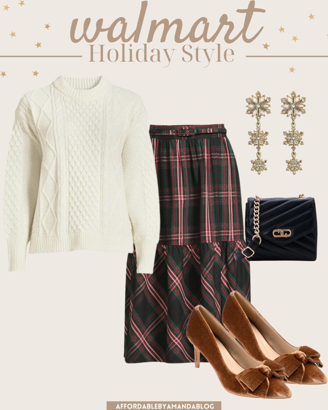 Womens Holiday Clothing at Walmart - Cable Knit Sweater with a Plaid Midi Skirt