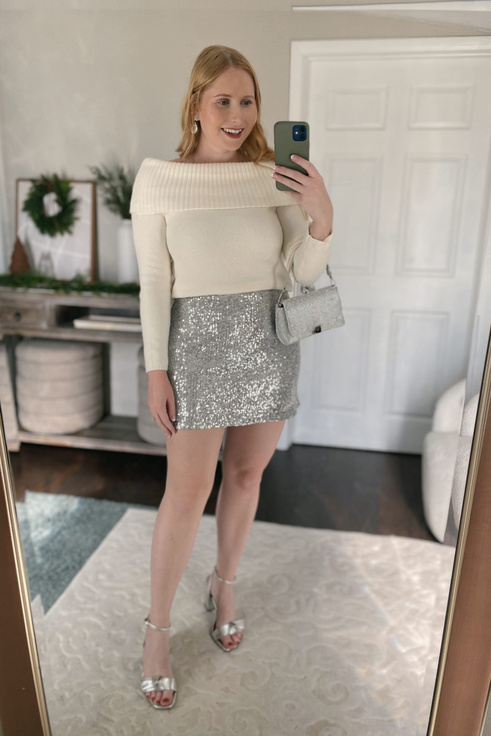 Abercrombie Sequin Mini Skort with a Cream Off the Shoulder Sweater Holiday Outfit Idea