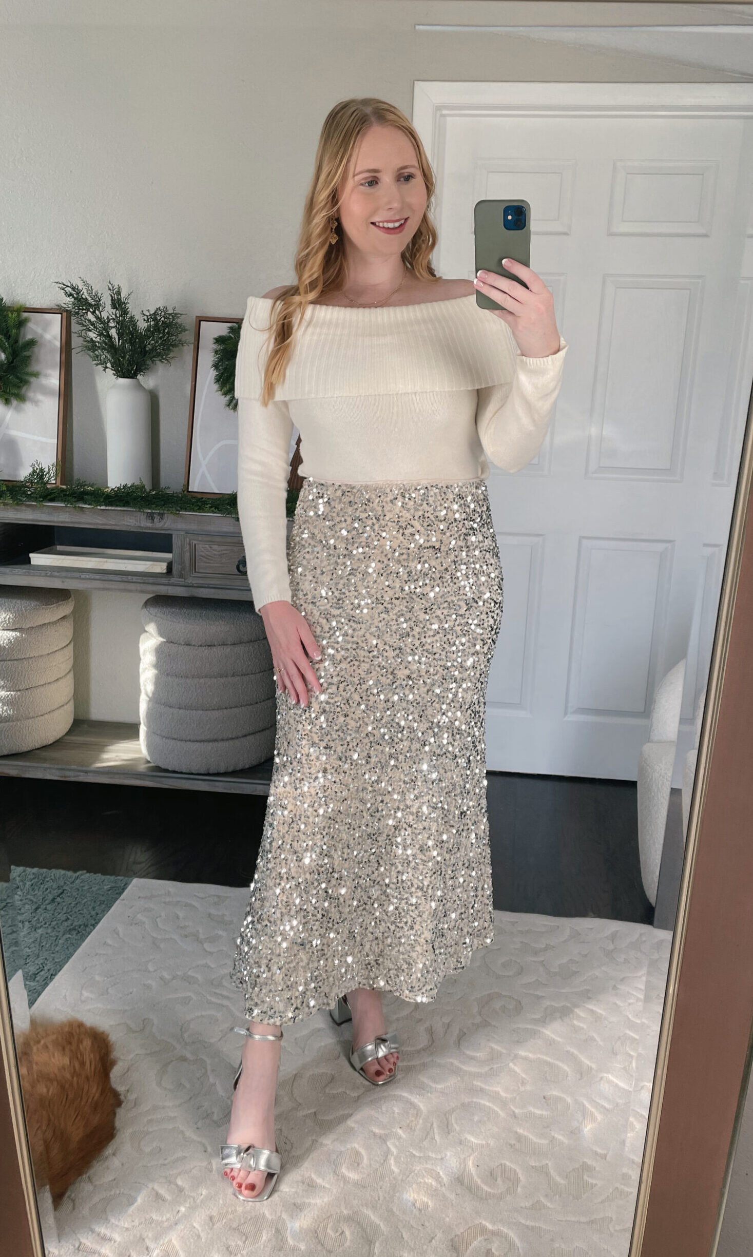 Off the shoulder sweater with a silver sequin midi skirt holiday outfit idea