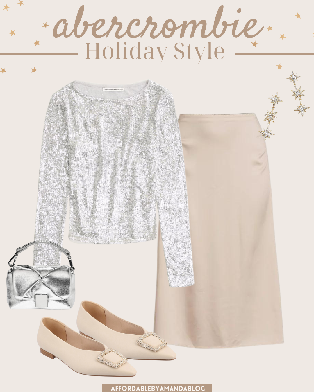 Long-Sleeve Sequin Boatneck Top with a Satin Slip Skirt Outfit for the Holidays
