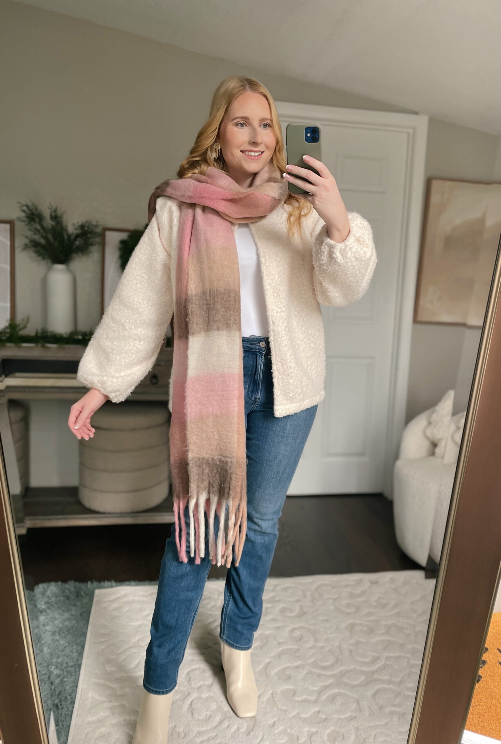Sherpa bomber jacket, pink and brown chunky blanket scarf, winter outfit idea 
