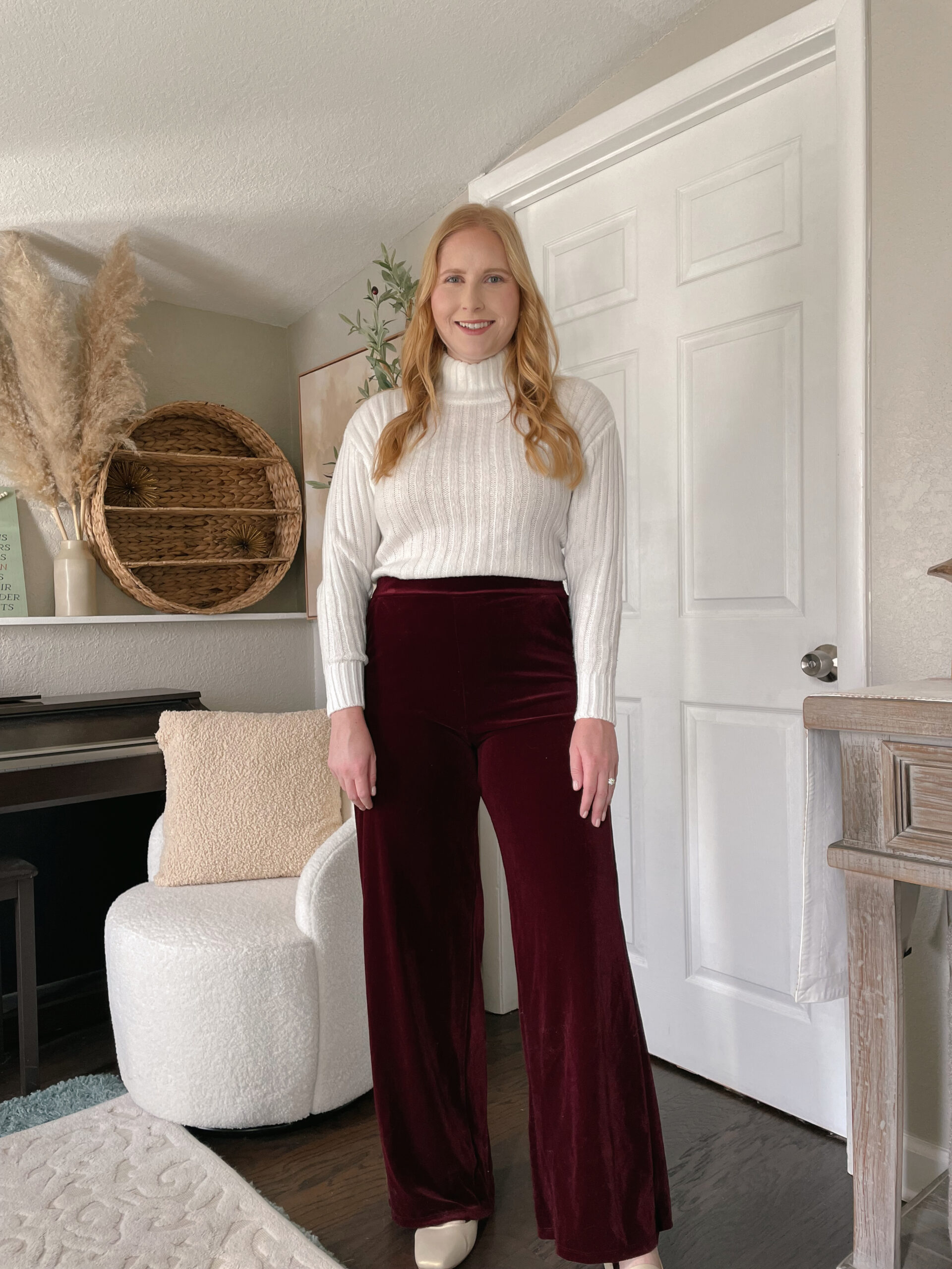 Cable Knit Sweater with Burgundy Velvet Wide Leg Pants from Walmart