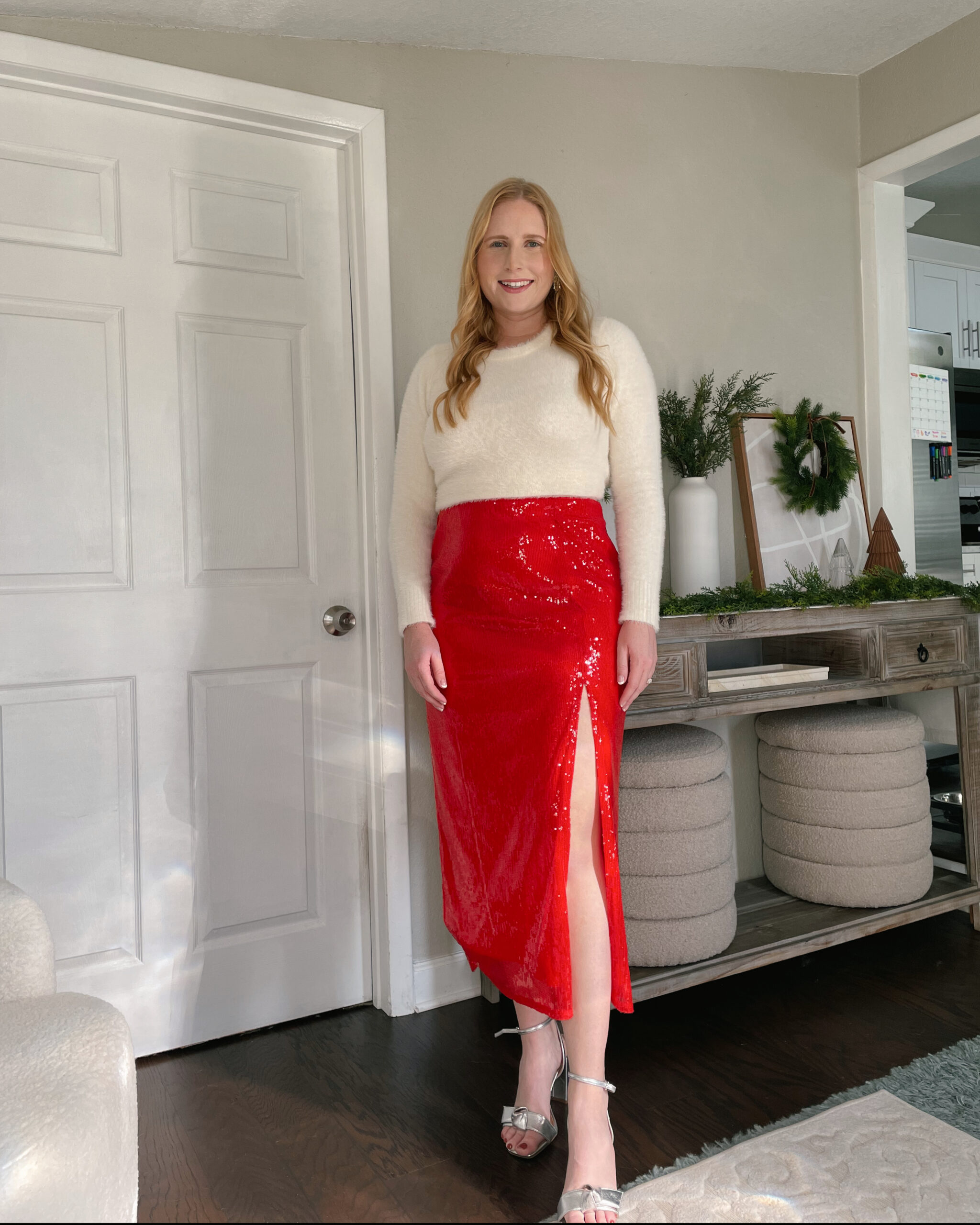 Eyelash Sweater with Red Sequin A-Line Midi Skirt - A New Day™ Red 