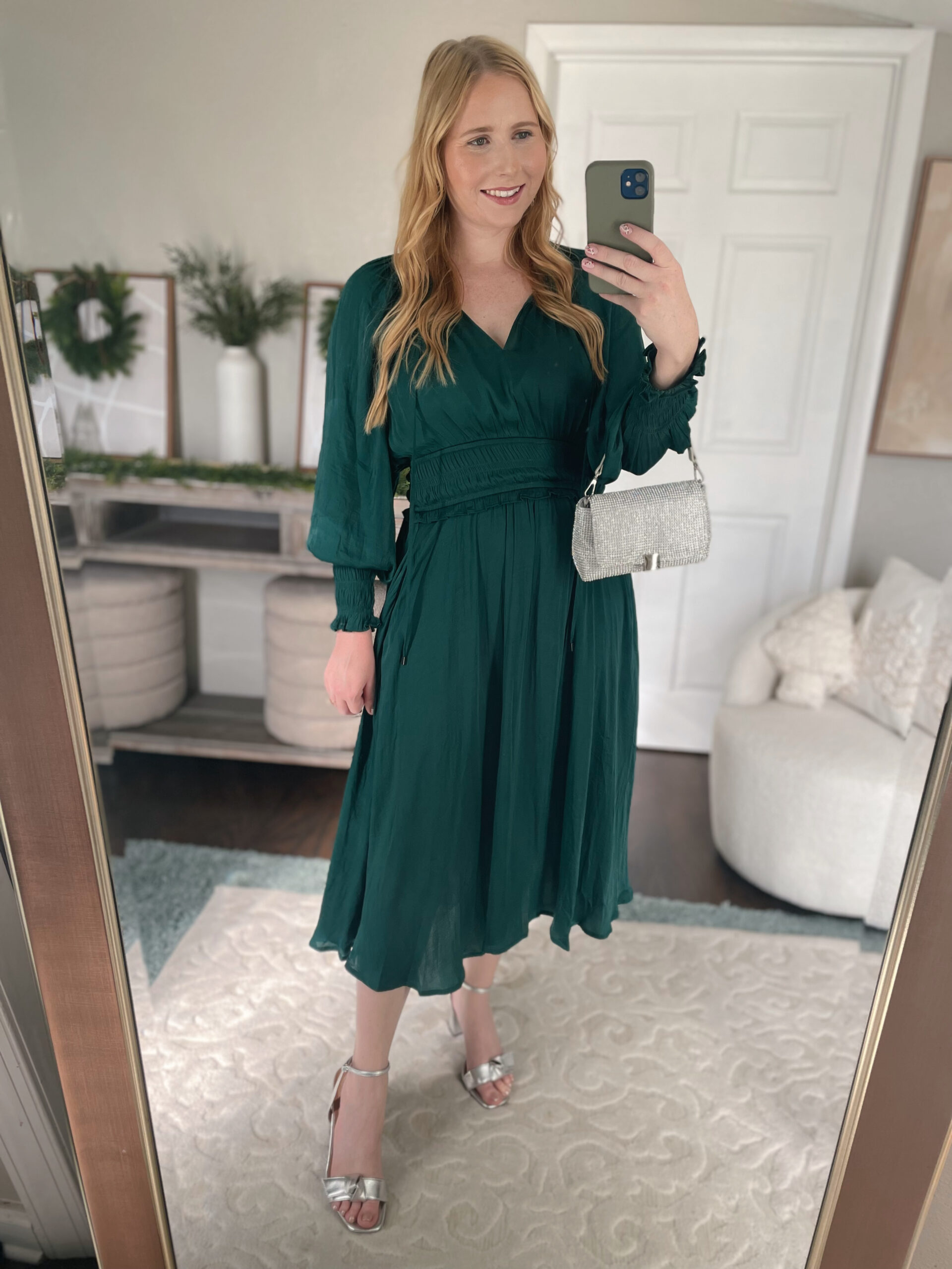 Green Long Sleeve Flowy Dress for a Holiday Party