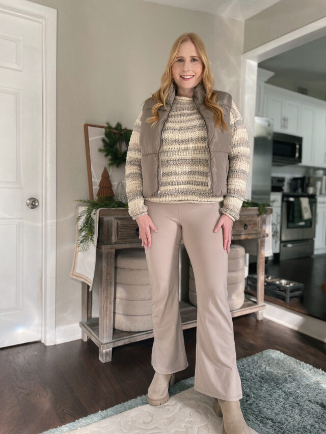 15 Casual Outfit Ideas To Wear This Winter 2024 Affordable By Amanda   Puffer Vest Space Dye Crewneck Flare Leggings 640x853 