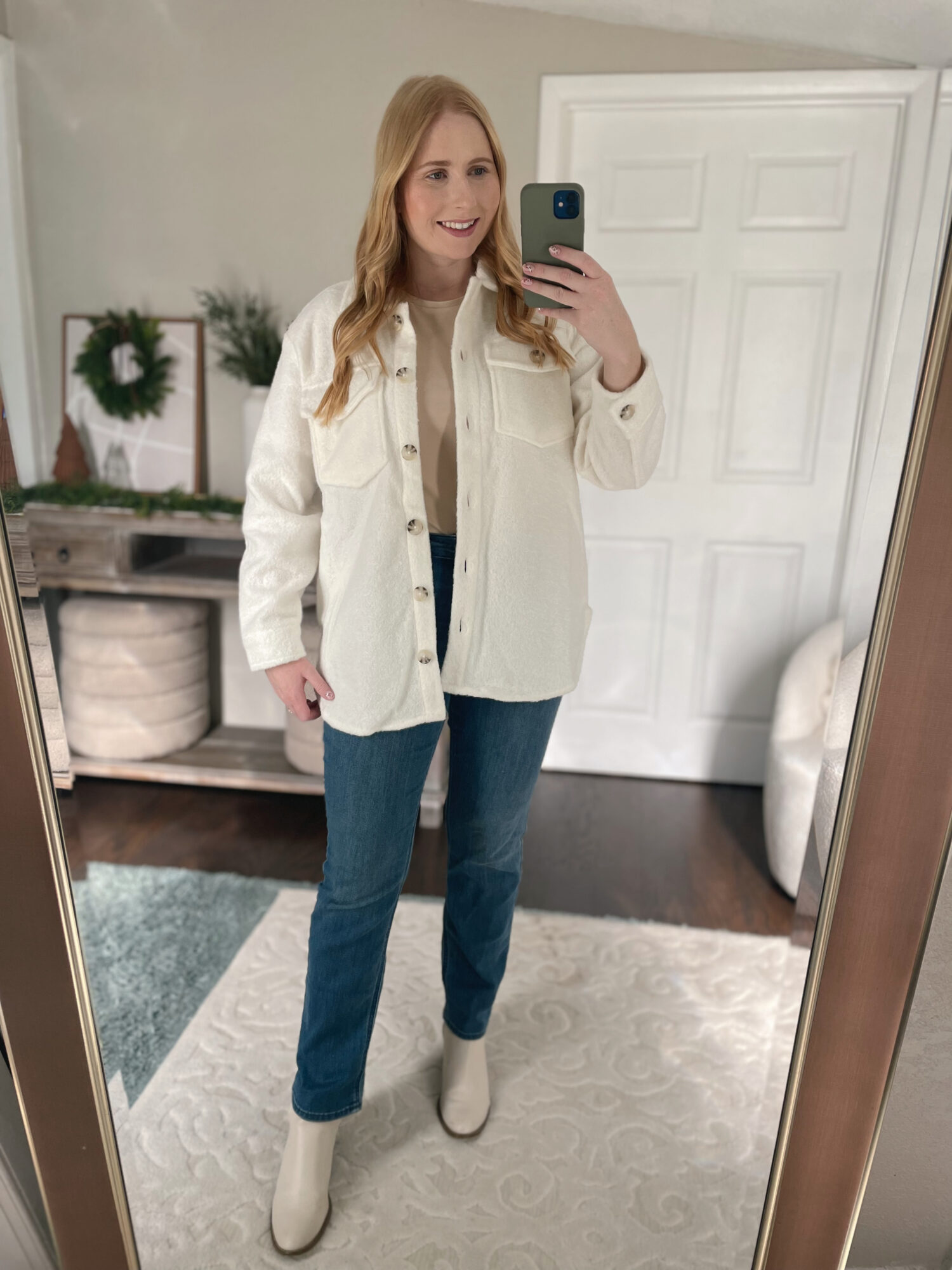 15 Casual Outfit Ideas To Wear This Winter 2024 Affordable By Amanda   Time And Tru Boucle Button Down Shirt Jacket With Jeans 1500x2000 