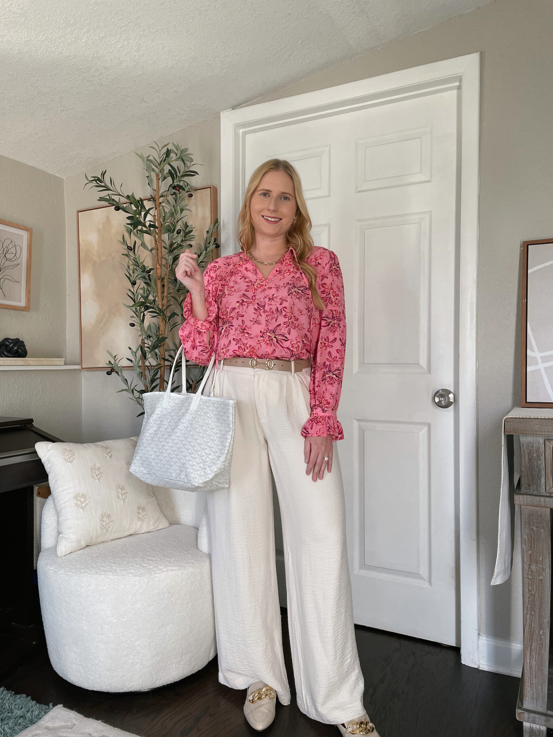 Vine Ruffle Cuff Tie Neck Blouse with Cream Wide Leg Trousers - Office Outfit Idea for Spring 2024