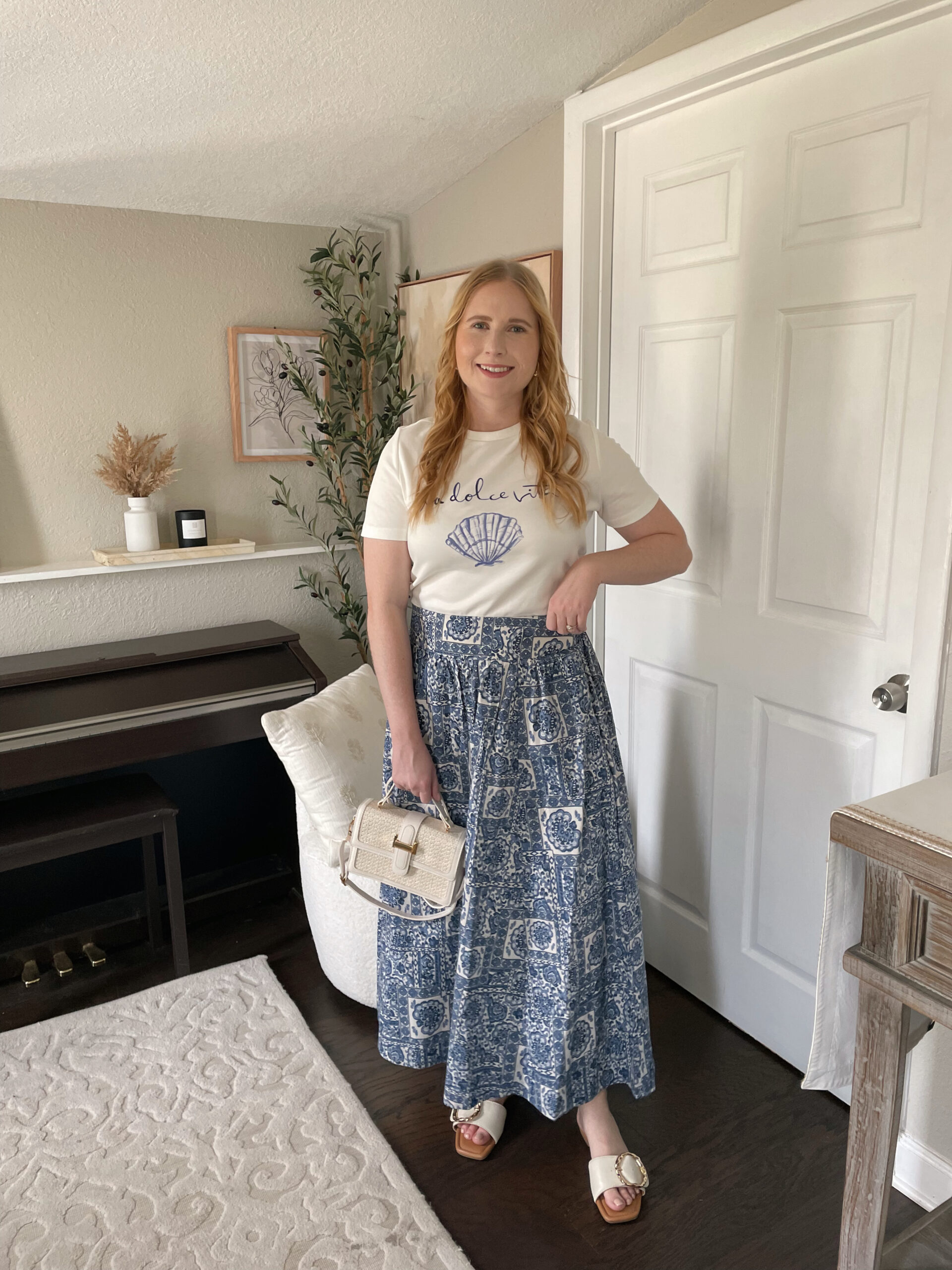 Graphic T Shirt and Blue Midi Skirt