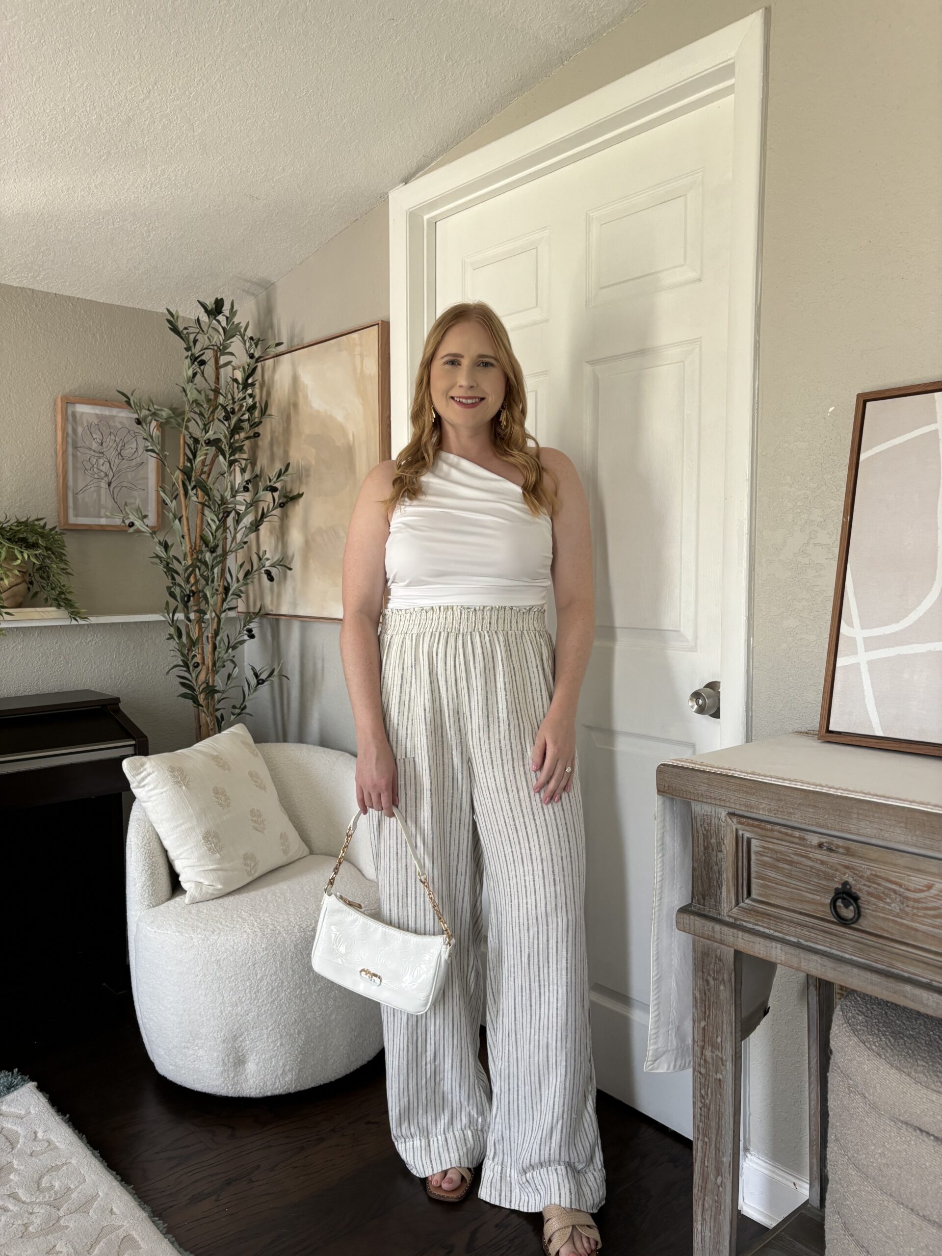 Walmart outfit idea // ruched one shoulder top for $19, size M. Striped linen pants under $20 wearing size Medium. #walmart #walmartfashion #LTKSummerSales #LTKxWalmart