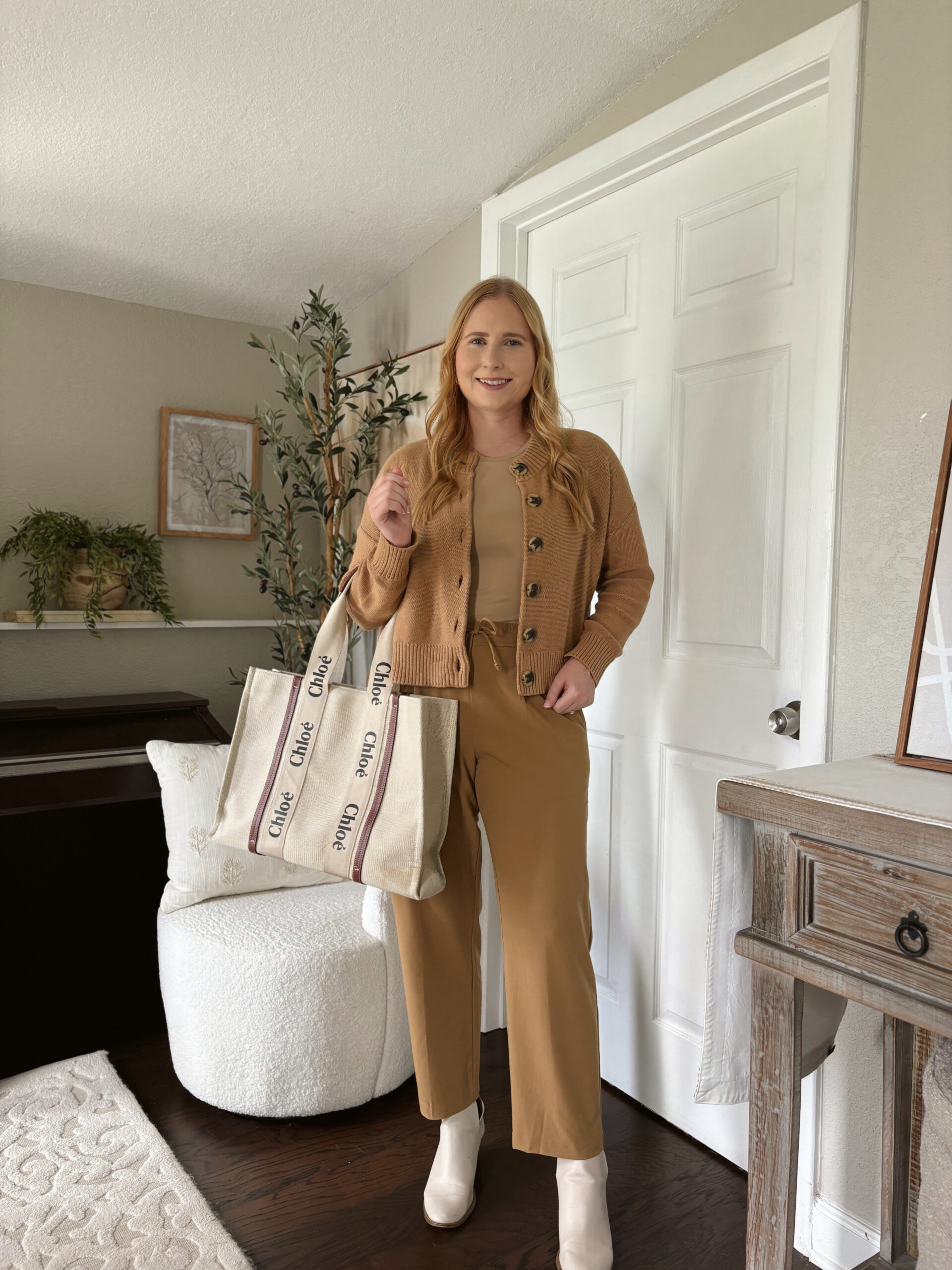 100% Organic Cotton Cropped Cardigan, khaki straight leg work trousers from Old Navy, brown bodysuit, chloe tote bag, neutral ankle boots