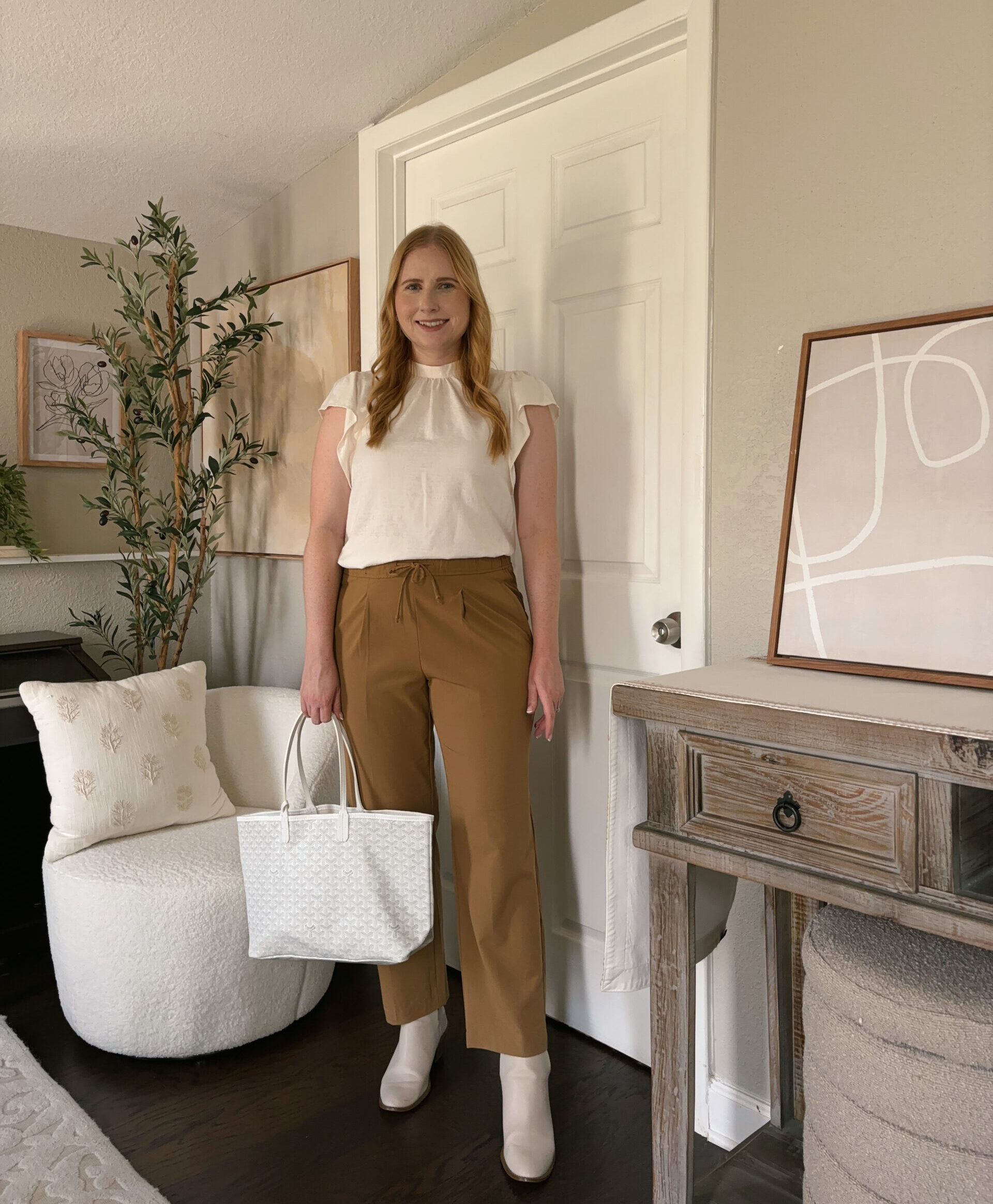 Cream blouse with ruffles, High-Waisted Billie Straight Trouser from Old Navy