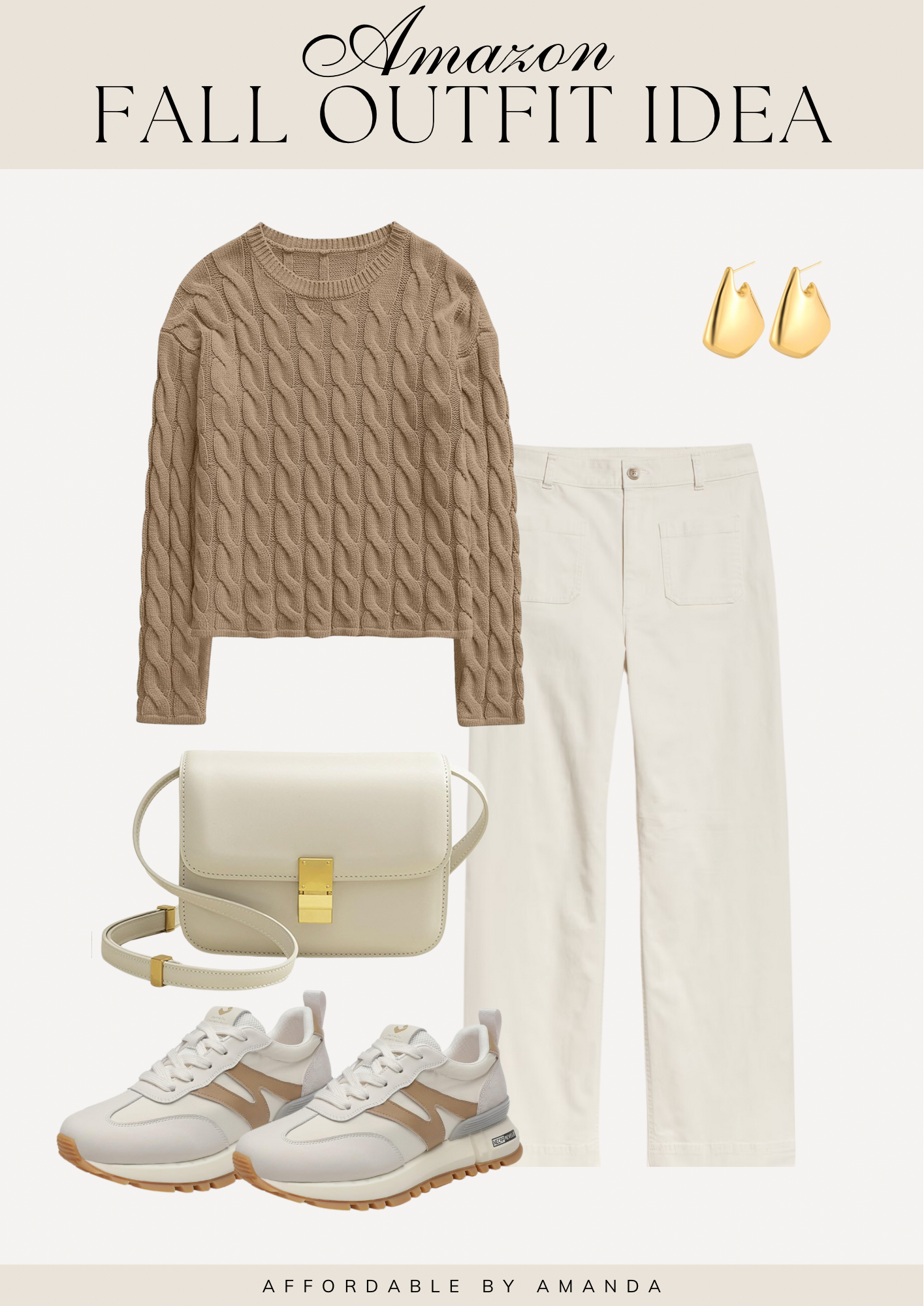 cable knit sweater, wide leg pants, casual neutral sneakers