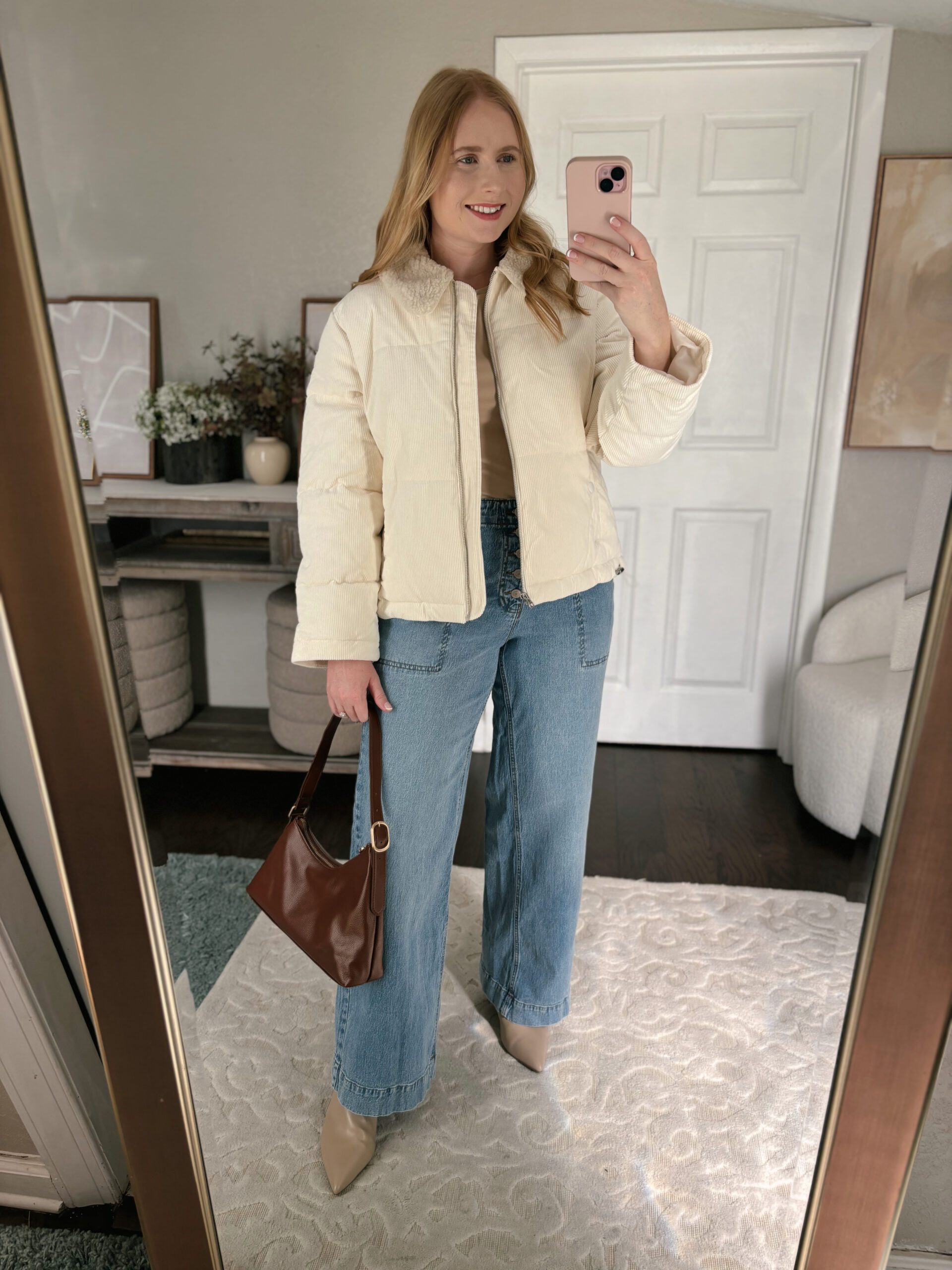 Free Assembly Cropped Puffer Jacket, Light Wash Denim Jeans, Neutral Ankle Booties