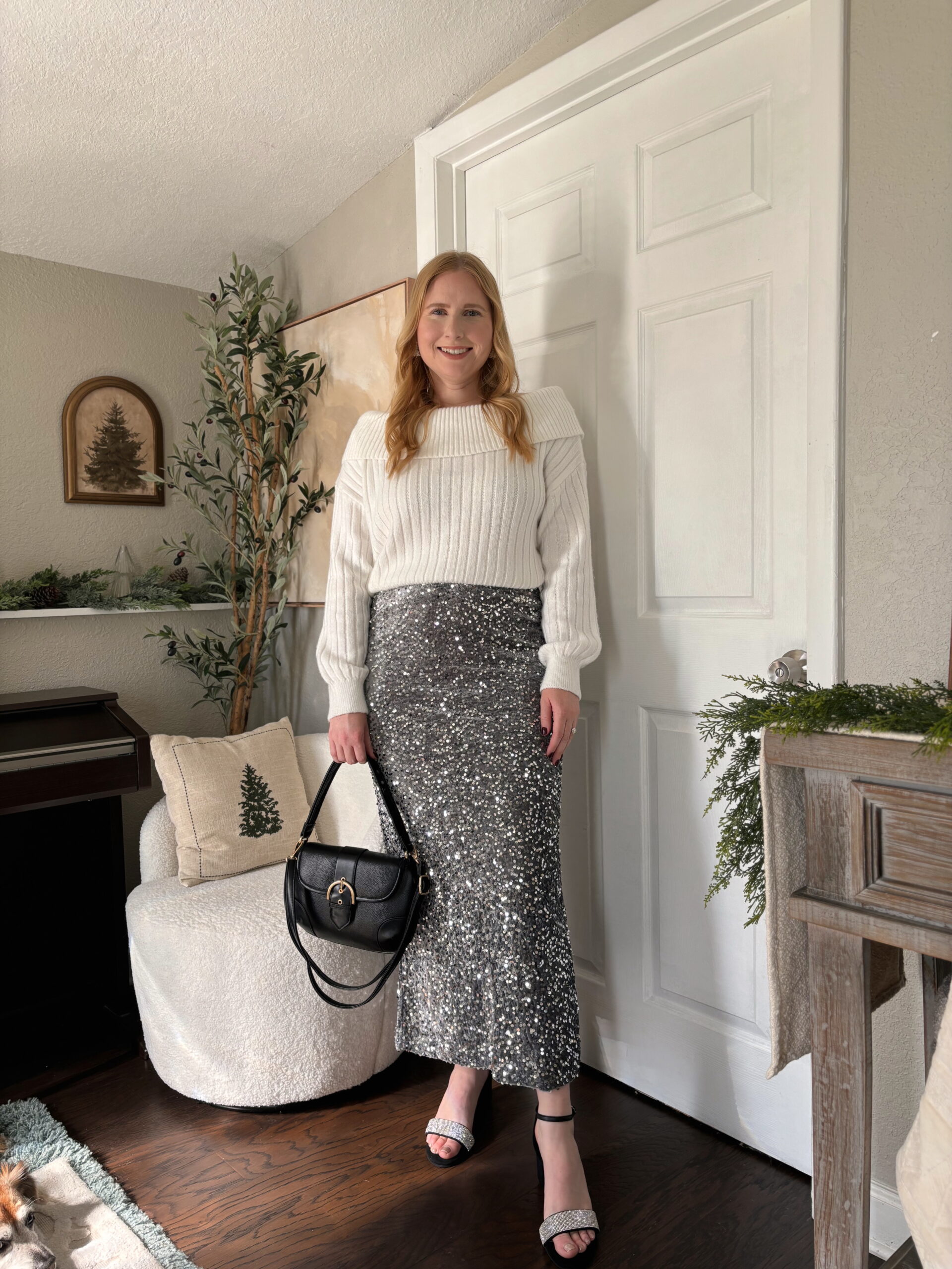 Cream off the shoulder knit sweater and sequin maxi skirt holiday outfit idea for women