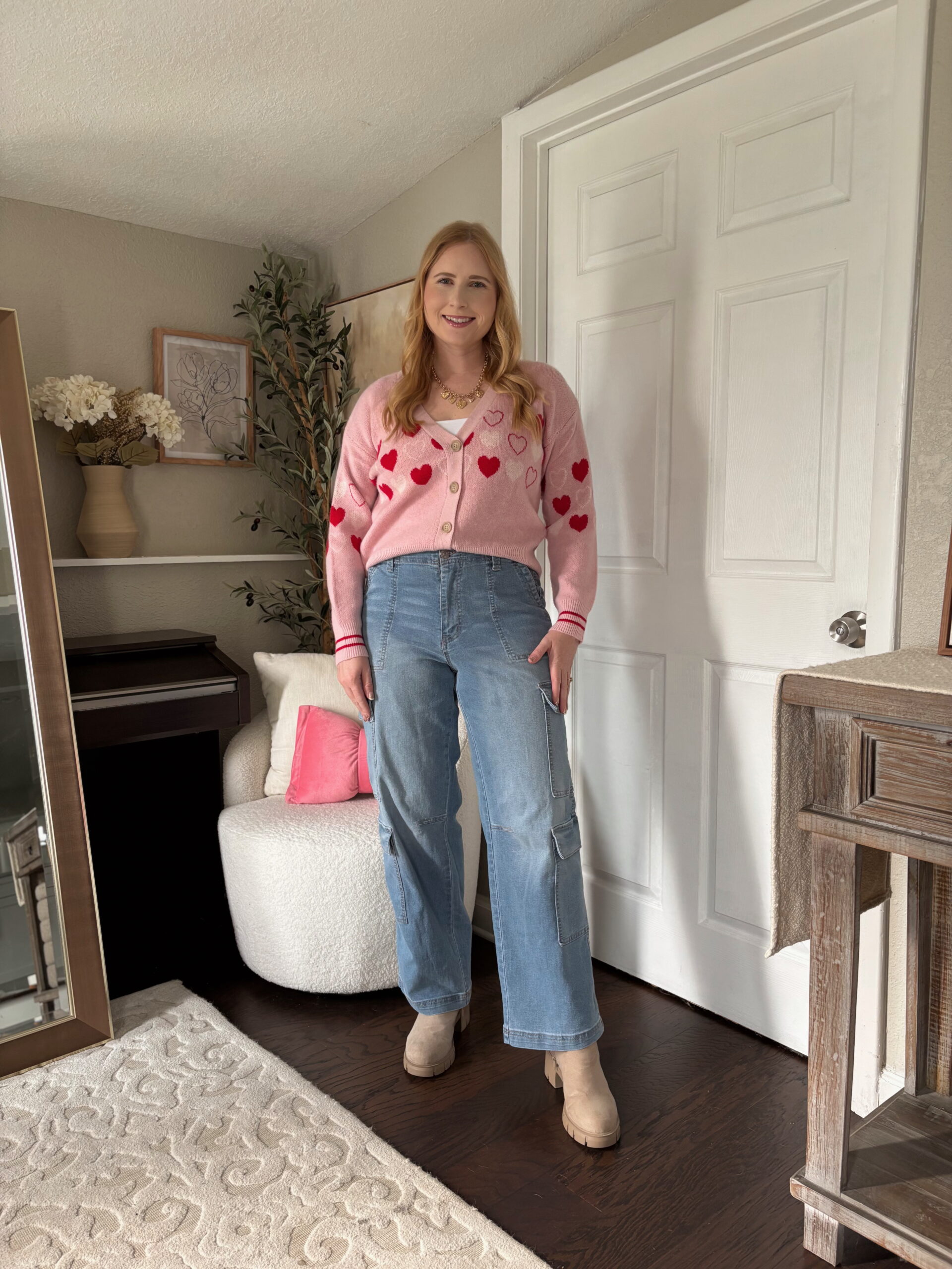 Celebrity Pink Cardigan Sweater, Cargo Jeans, Chelsea Boots Outfit Idea