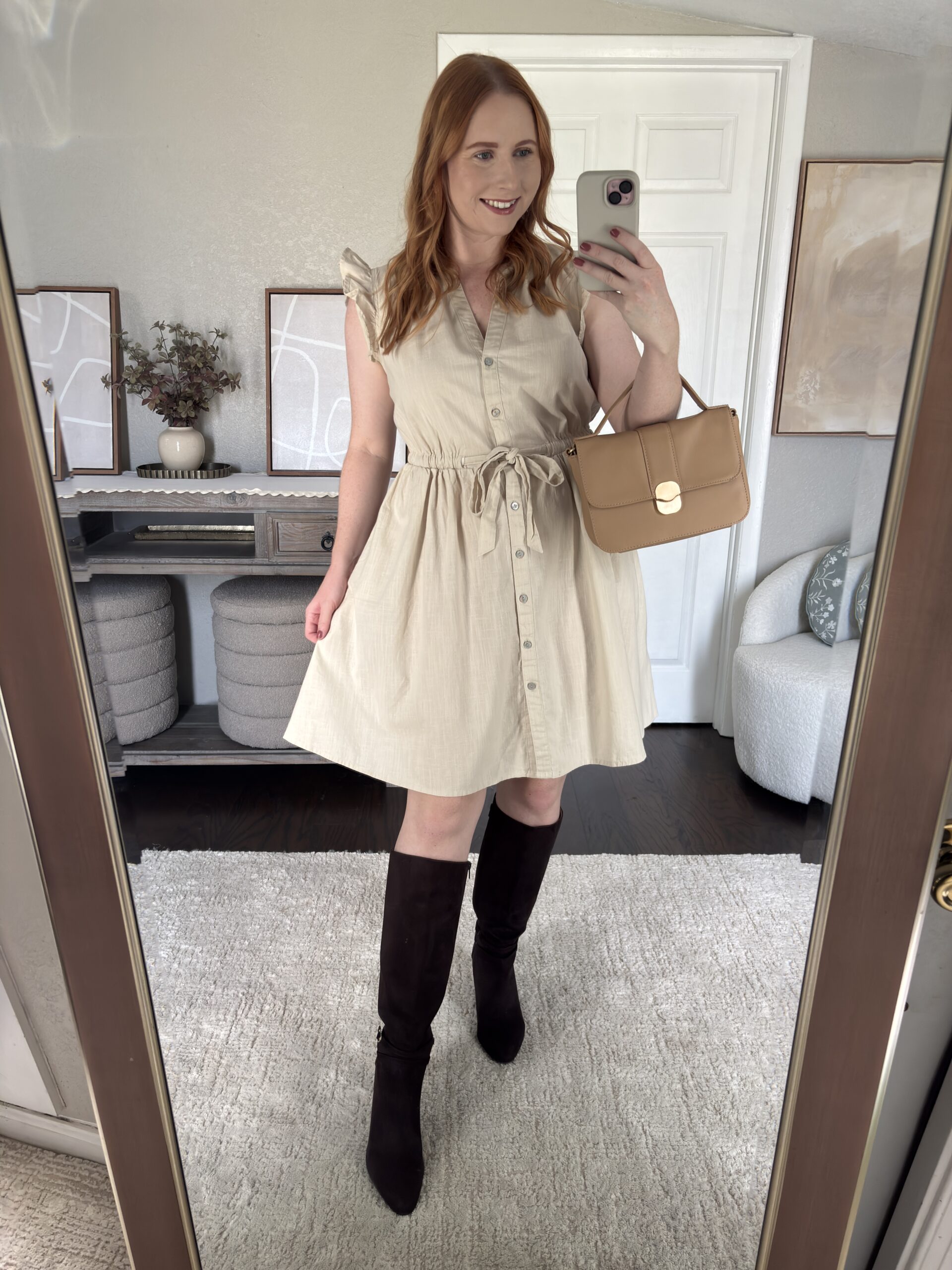 Time and Tru Women's and Women's Plus Button Front Cotton Mini Dress with Flutter Sleeves