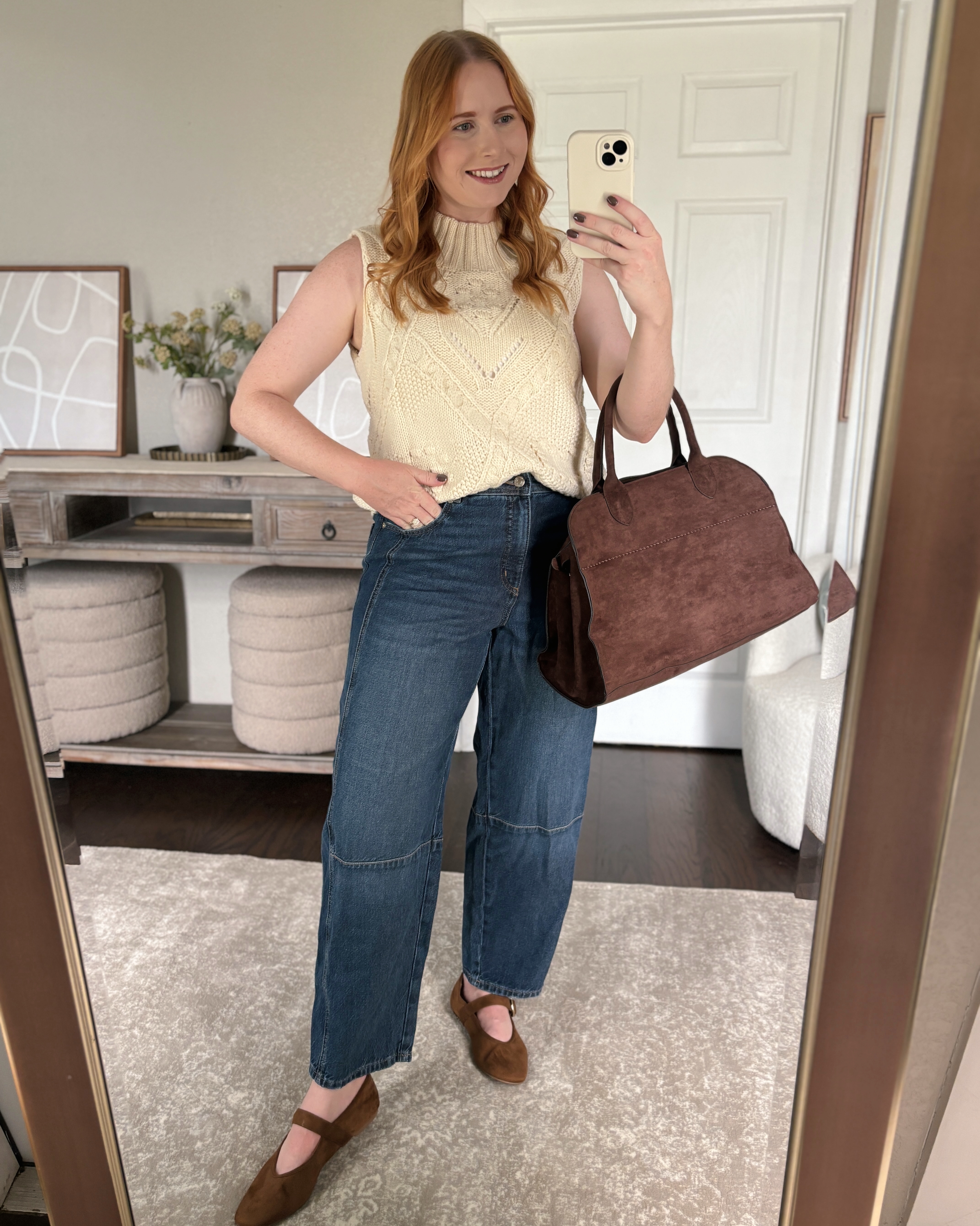 amazon cable knit sweater, barrel jeans fall outfit idea