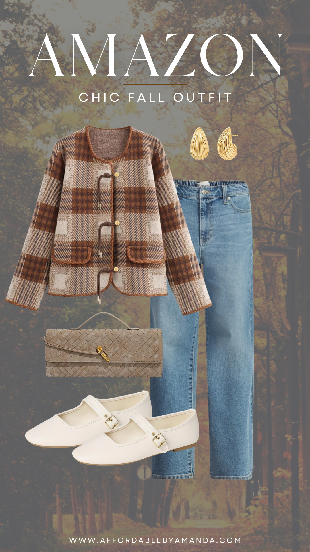 plaid jacket, denim jeans, ballet flats