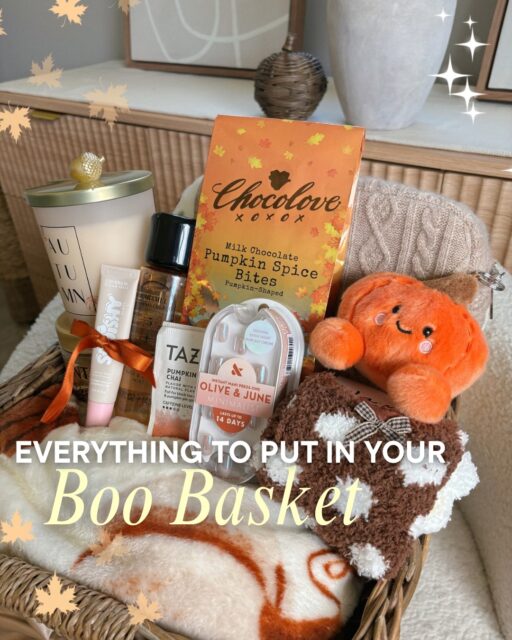 Boo basket idea 🎃🤍 your ultimate list of everything to put inside!

💬Comment “BOO” and I’ll send you everything I used to make this cozy fall basket 🧺🍂

A cozy pair of socks, sweet treats, and little self-care finds perfect for your bestie, sister, or a cozy night in.

Boo basket • boo basket ideas • fall gift basket ideas for her • how to make a boo basket • neutral boo basket • CVS fall finds • CVS gift ideas • Halloween gifts for her • cozy fall gifts • boo basket aesthetic • boo basket fall • fall boo basket ideas • fall boo basket finds • #cvsfallfavorites #cvspartner #cvsfinds #boobasket

Cozy socks are a must! 🍂

Self care essentials : a face mask, body lotion , mist spray for hair and body , hair mask , lip balm 🤎✨

How cute is this cable knit travel pouch? Ideal to keep all the little finds nice and tidy inside the basket 🧺 

🎃 every boo basket needs a lil side kick!! Check out this @palmpals.official cutie pumpkin I love him omg he was $9 at @cvspharmacy ✨

Treats, always! 🍫🍩🍪

Fall scented candle 🕯️ for sure!!!

At home manicure 💅 must have from @oliveandjune 🍁 they have so many options!! This iridescent one spoke to me….

💬Comment “BOO” and I’ll send you everything I used to make this cozy fall basket 🧺🍂
