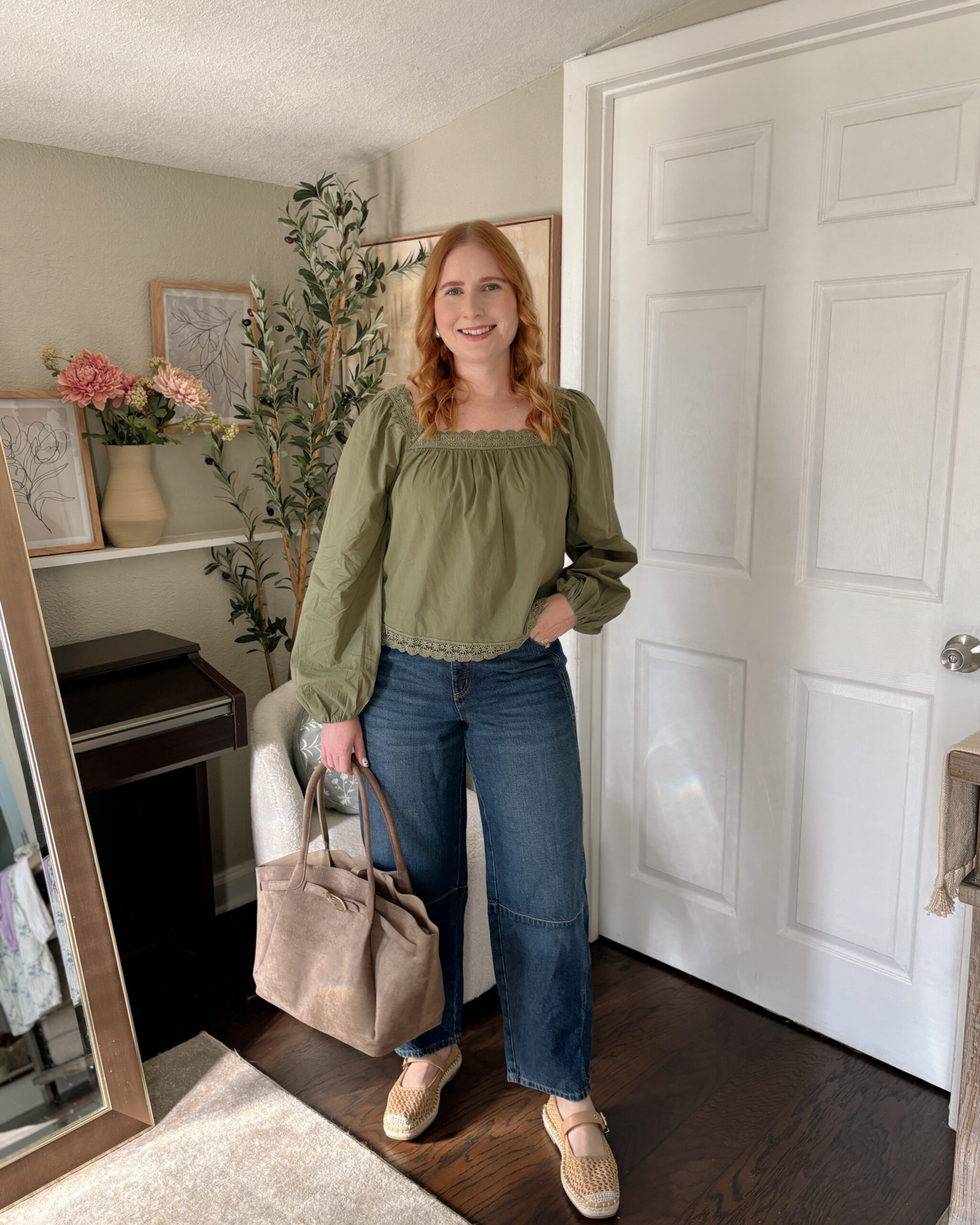 Long-Sleeve Lace Trim Top with Barrel Jeans | These budget-friendly Old Navy outfits are comfy, trendy, and great for women over 30. Save this for spring outfit inspo! 🌸🤍