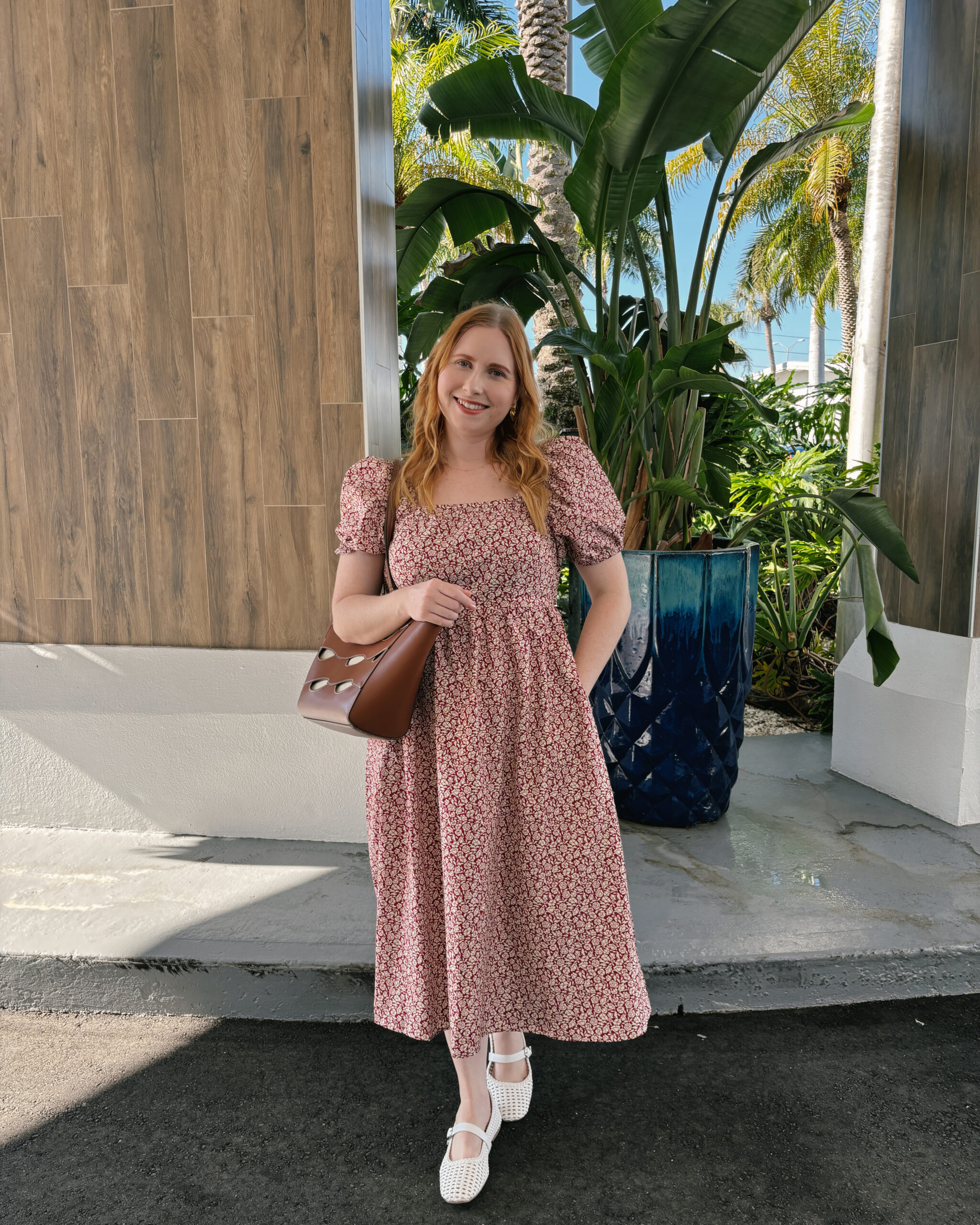 burgundy floral puff sleeve midi dress from Walmart for spring