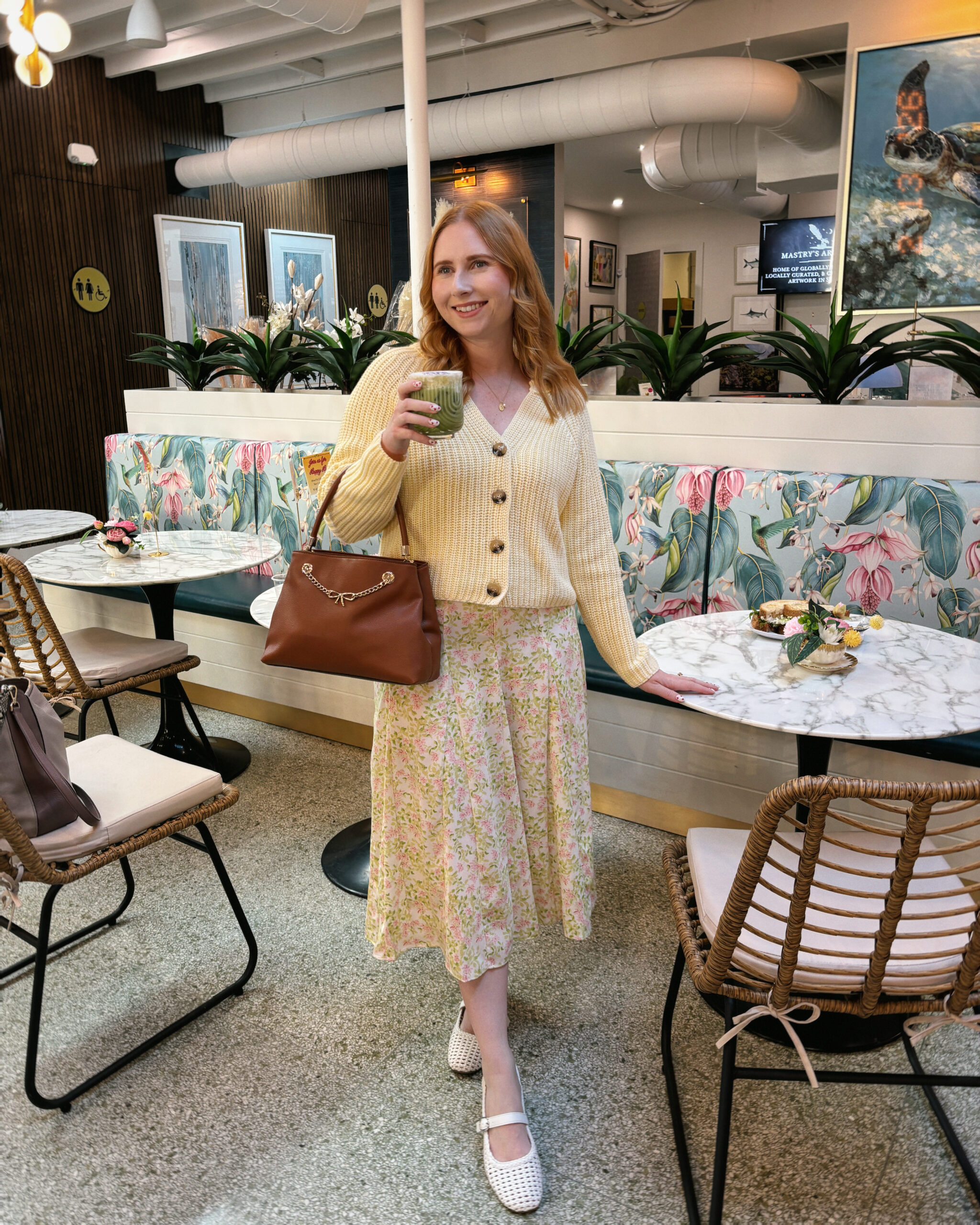 yellow knit cardigan and floral skirt outfit for spring from kohls
