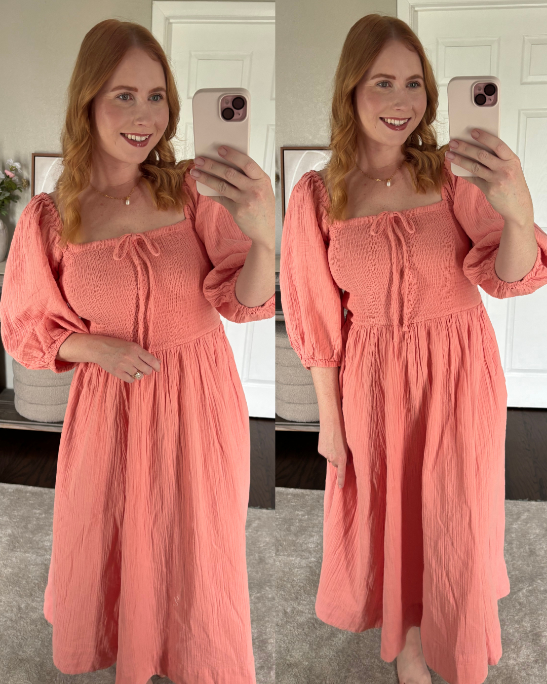 100% Organic Cotton Gauze Smocked Square Neck Midi Dress