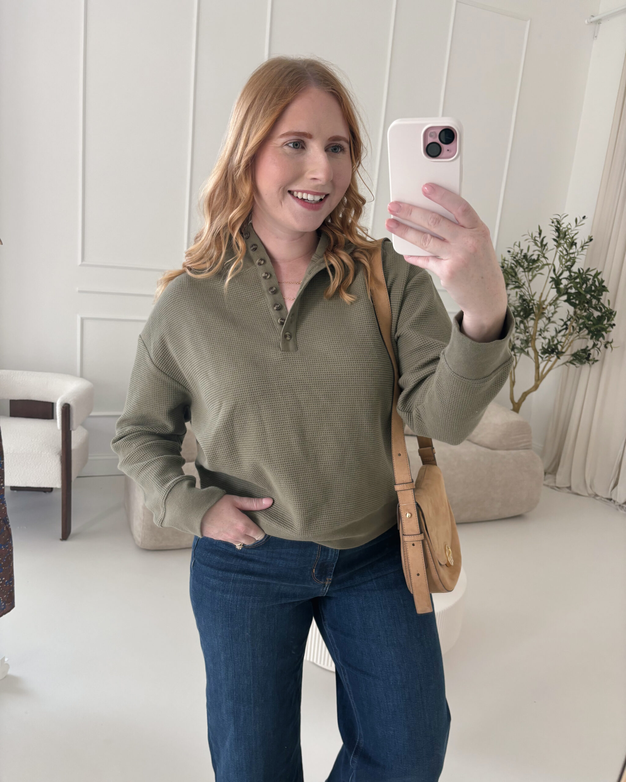 Scenario Women's and Women's Plus Waffle Knit Button Top with Long Sleeves